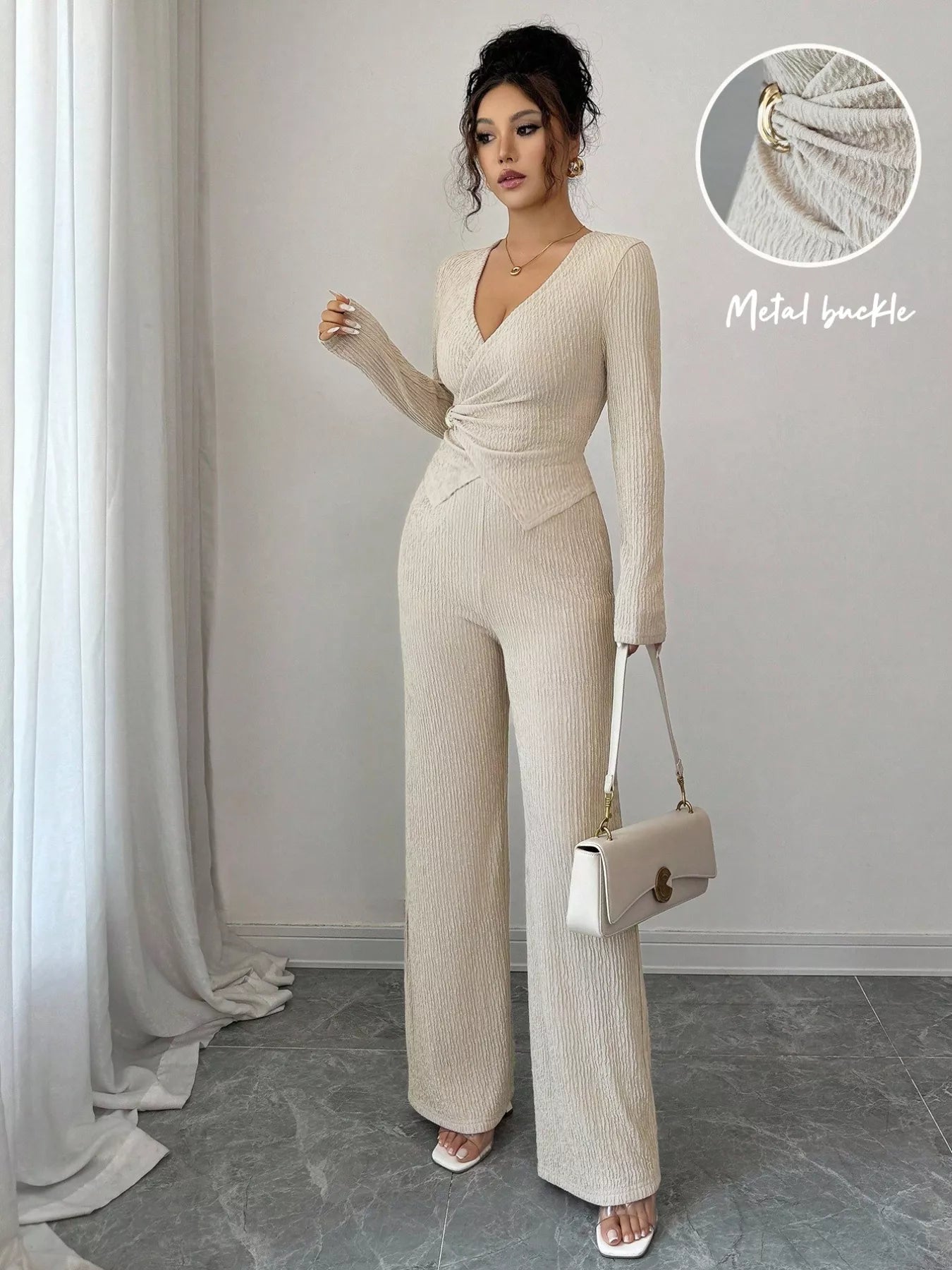 Metal Buckle Long Sleeve Top and Pants Set