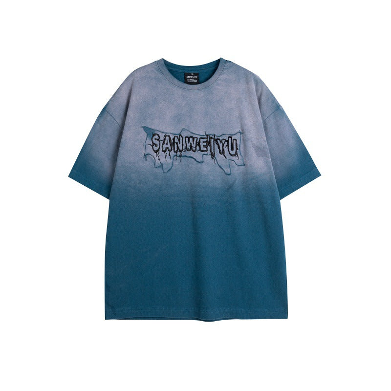Harajuku Style Washed Gradient Letter Embroidered T-Shirt