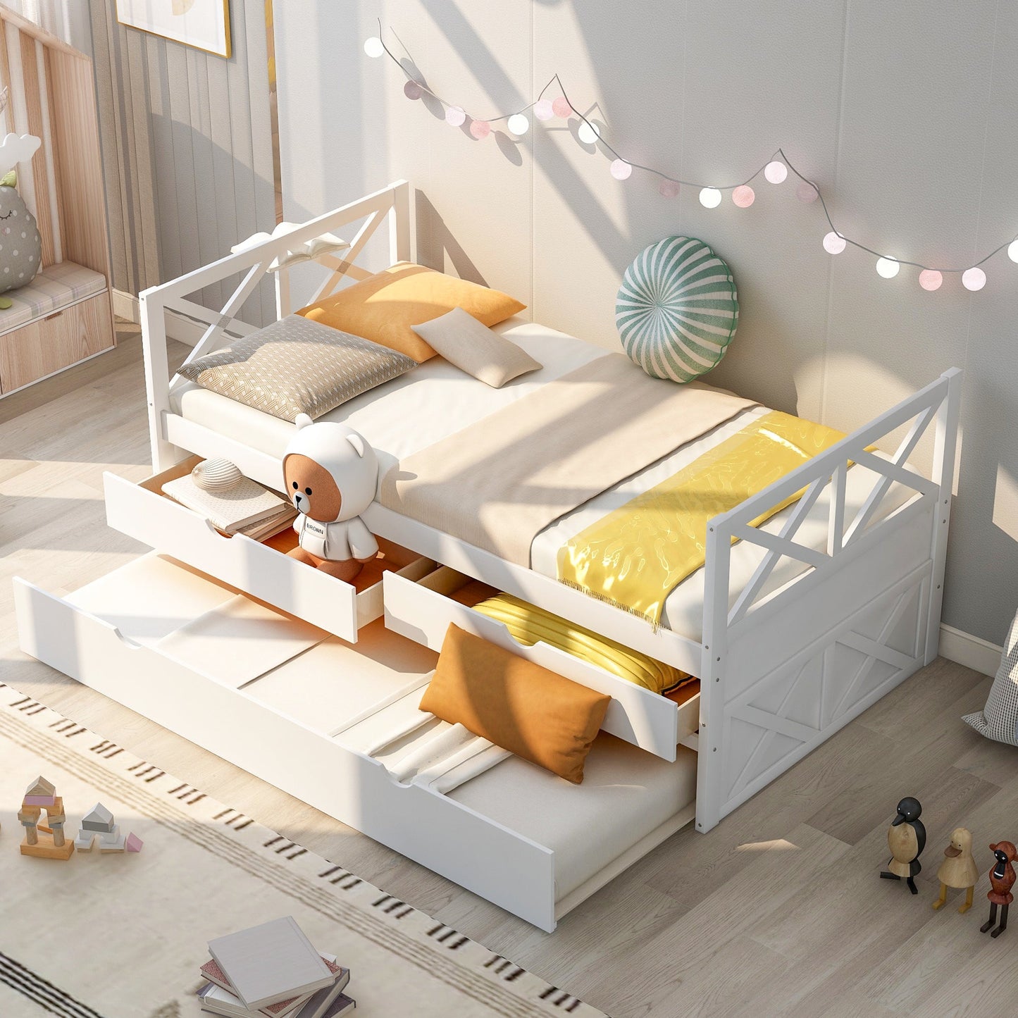 Multi-Functional Daybed with Drawers and Trundle White
