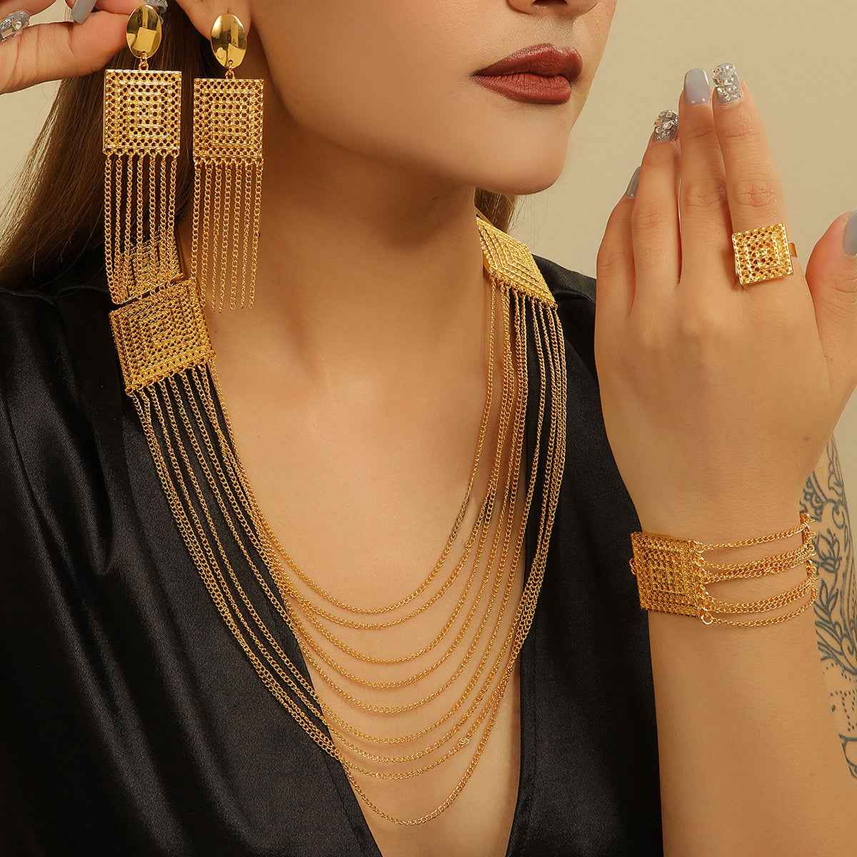 18K Gold-Plated Jewelry Set - 5-Piece Multi-Layer Tassel Set for Weddings