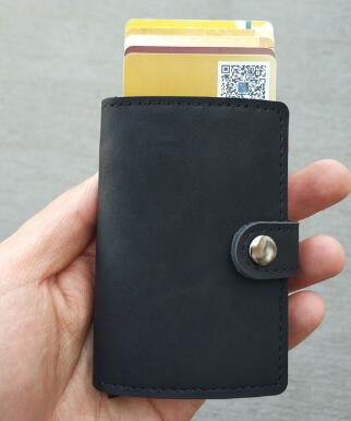 RFID Protected Vintage Automatic Leather Credit Card Holder Men Aluminum Alloy Hasp Business ID Multifunction Cardholder Wallet