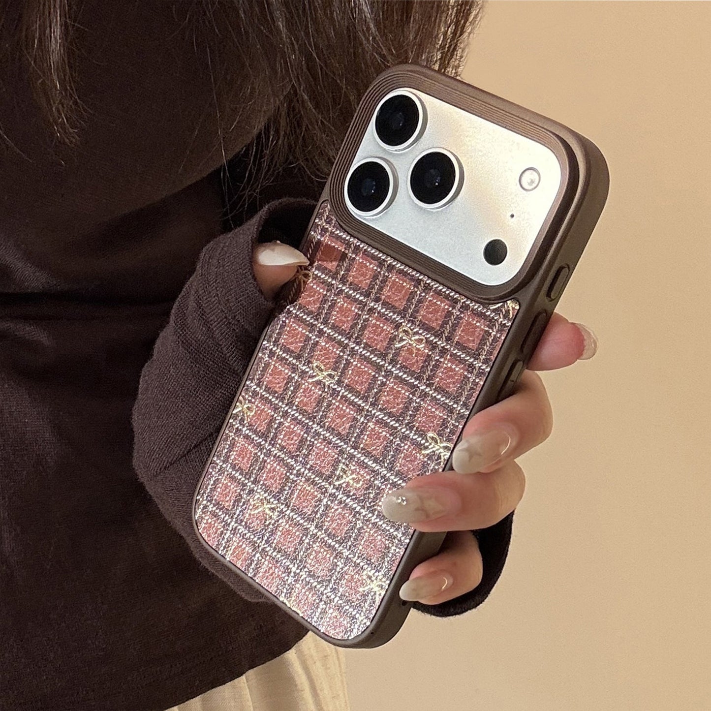 Gilt Apple 16 mobile phone case 17promax retro plaid bow 11 for iPhone15 leather anti-drop