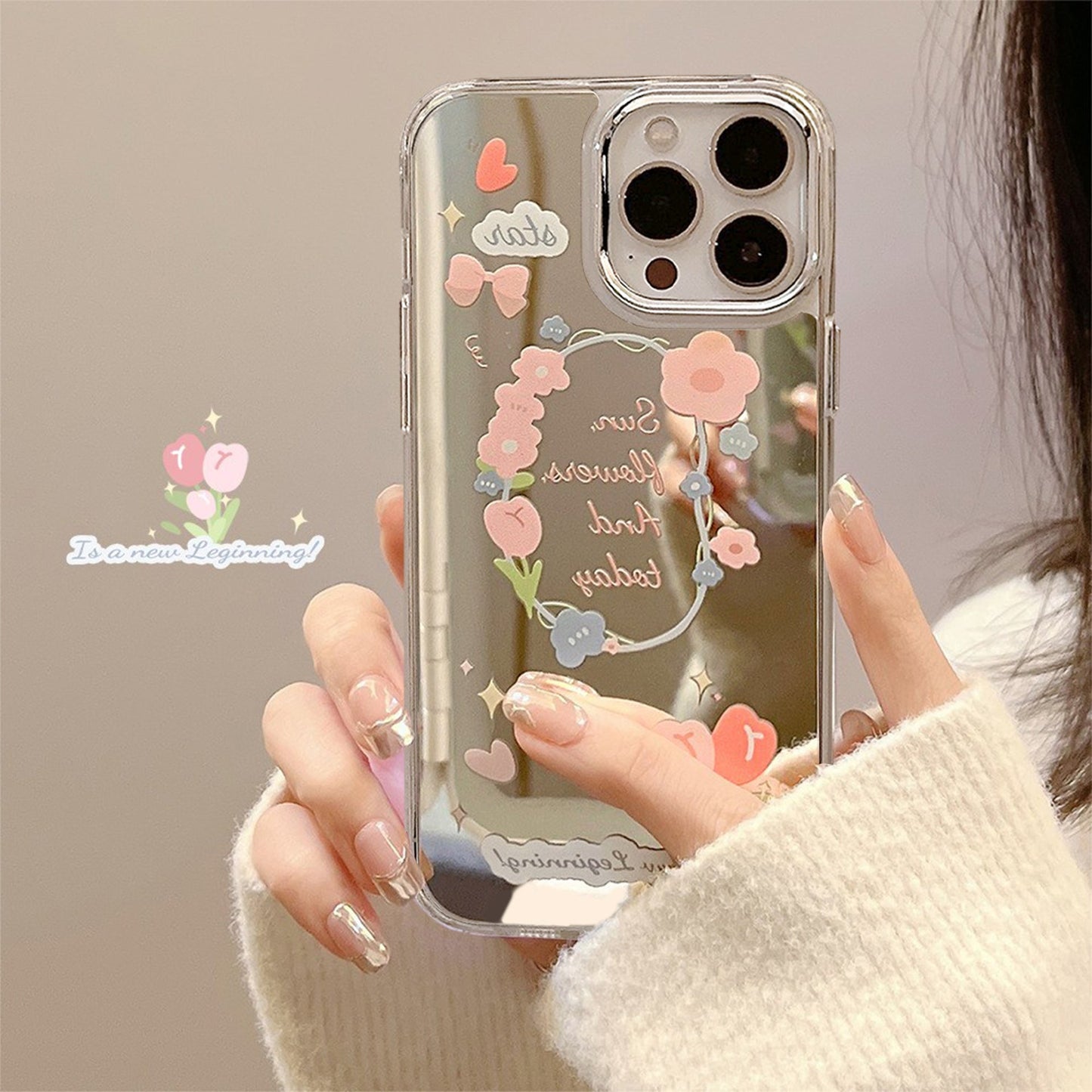 Fresh small floral iphone17 Apple 16Promax mobile phone case 15 silicone 11/12 makeup mirror X