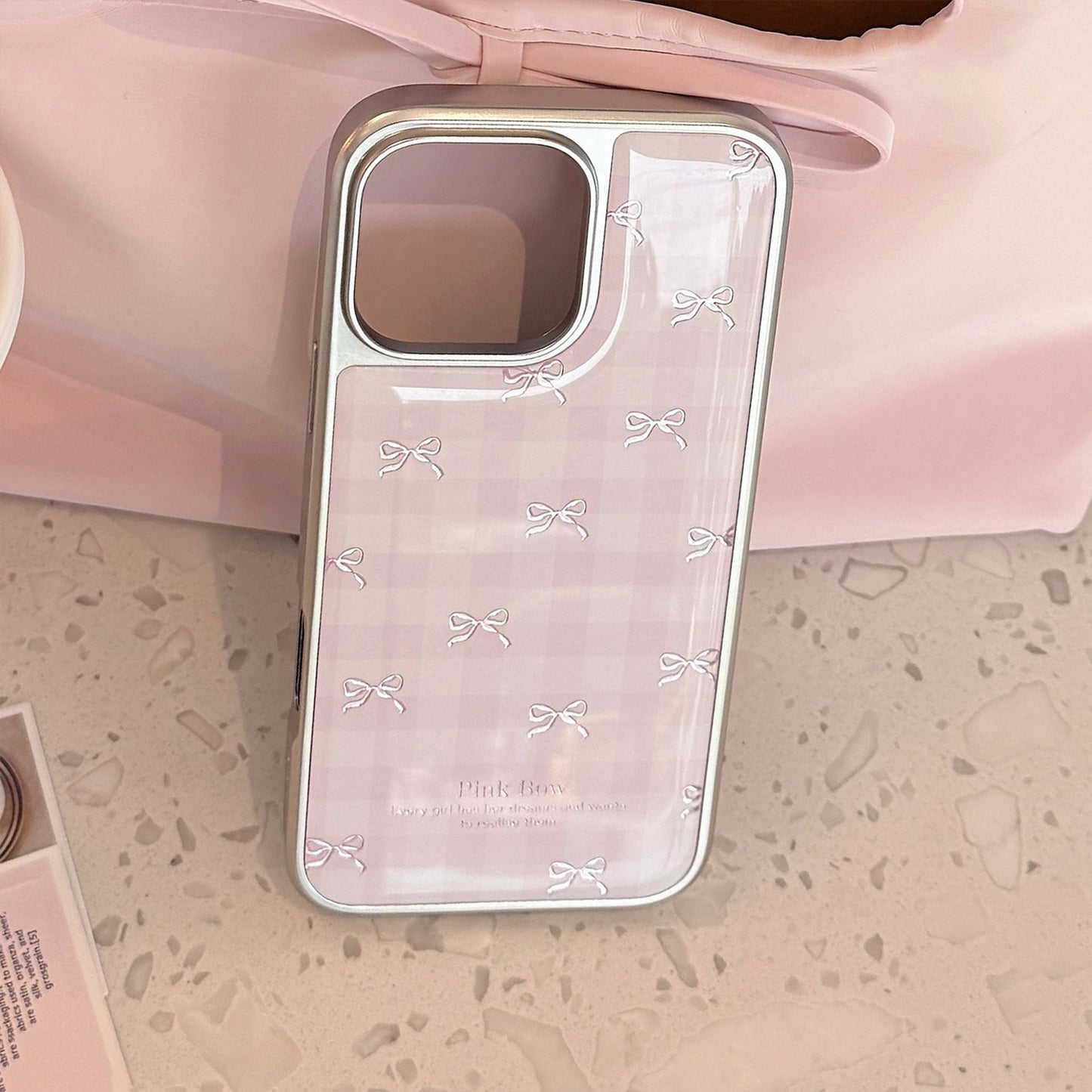 Gilt applies to Apple 17promax mobile phone case iphone16 pink plaid bow 13 electroplating 14 hard Huawei