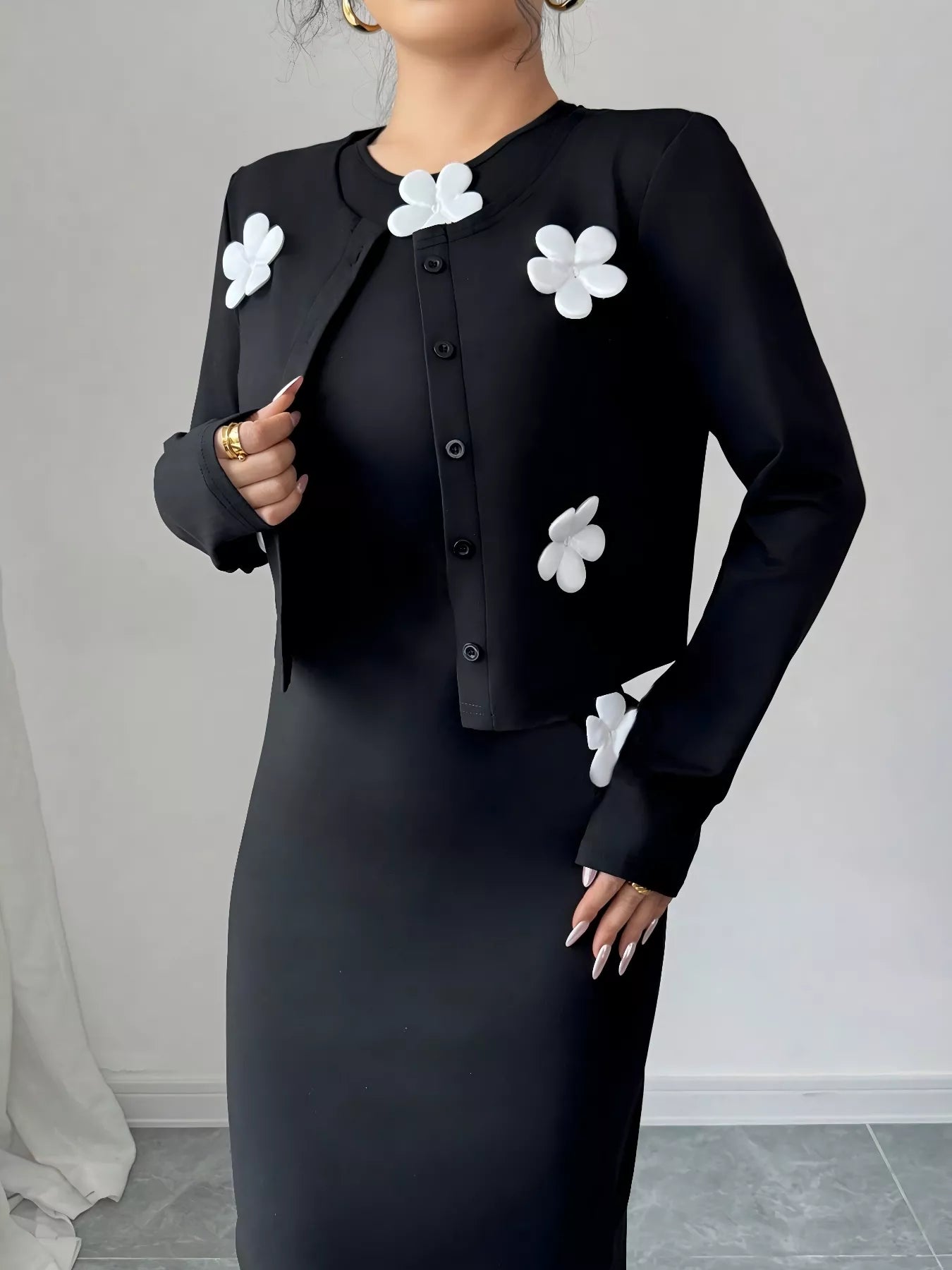 Floral Applique Cardigan & Bodycon Dress Set