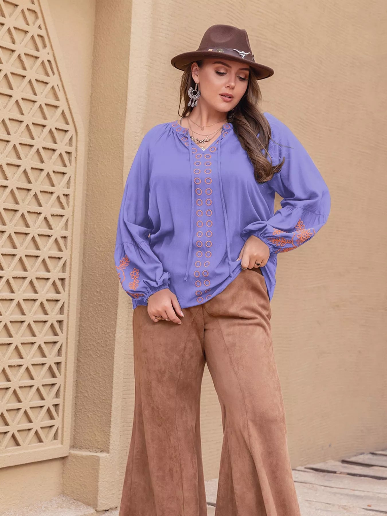 Plus Size Boho Embroidered Long Sleeve Blouse