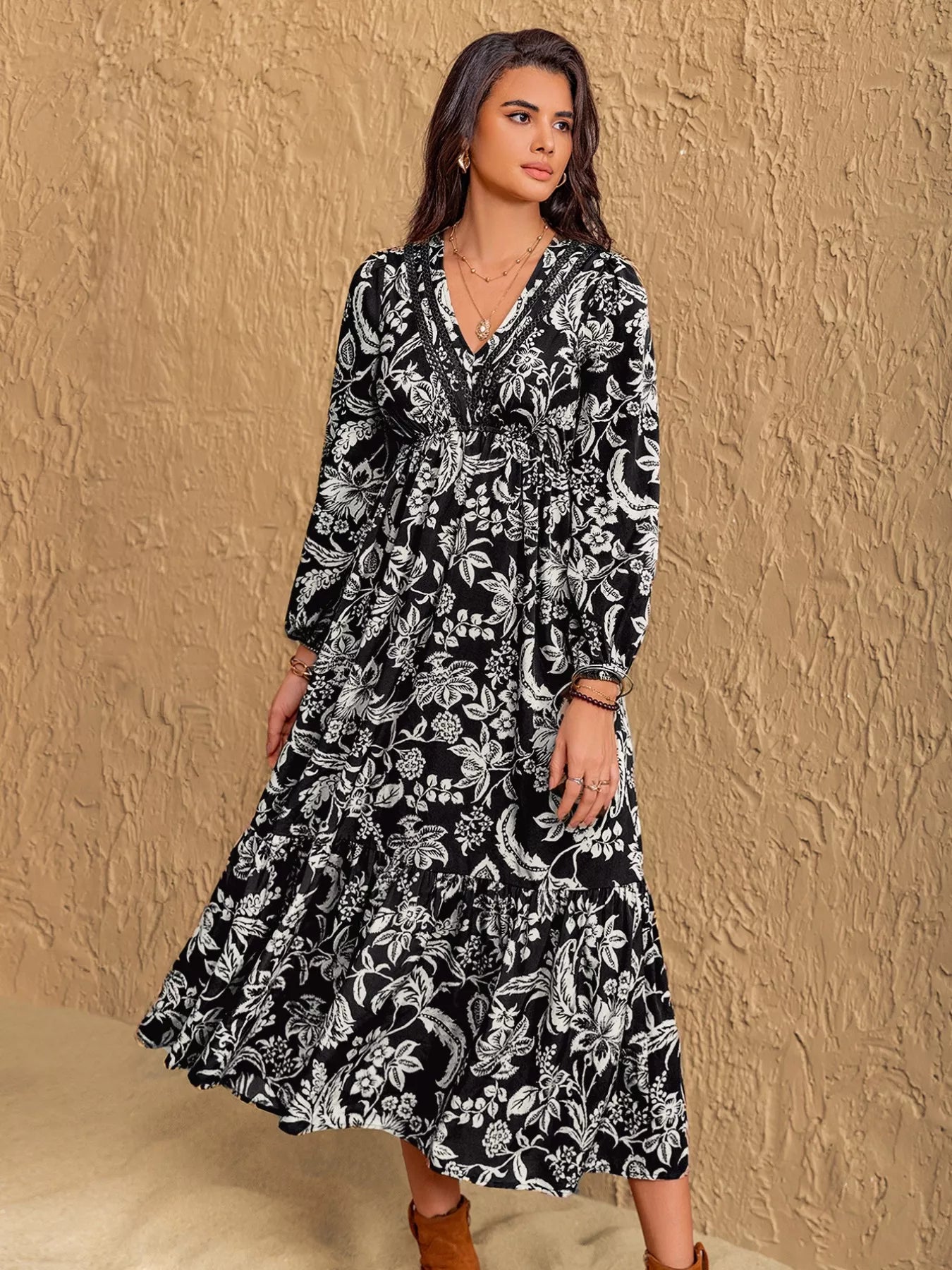 Floral Print V-Neck Long Sleeve Ruffle Hem Midi Dress
