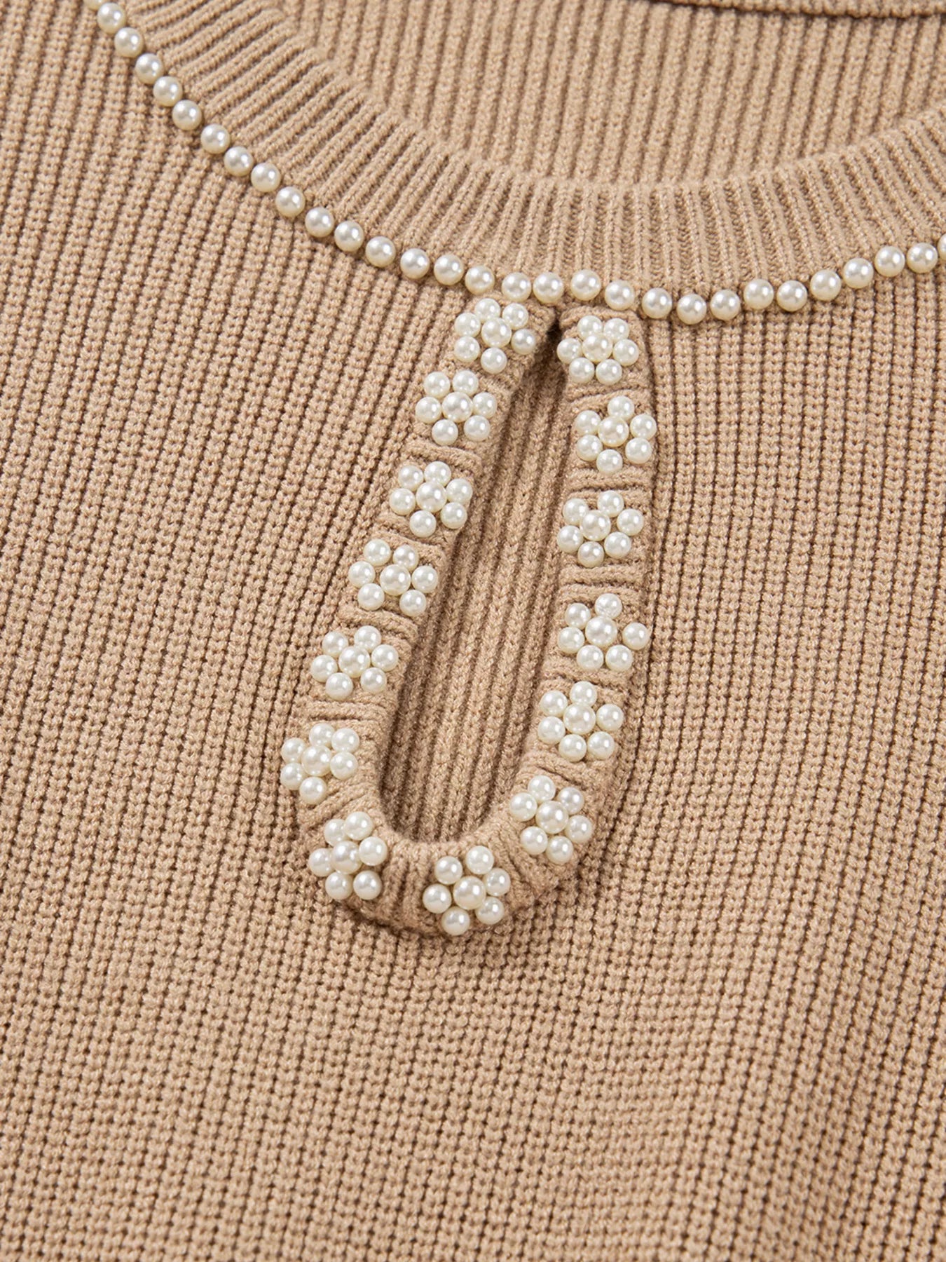Pearl Embellished Keyhole Ribbed Sweater Dress
