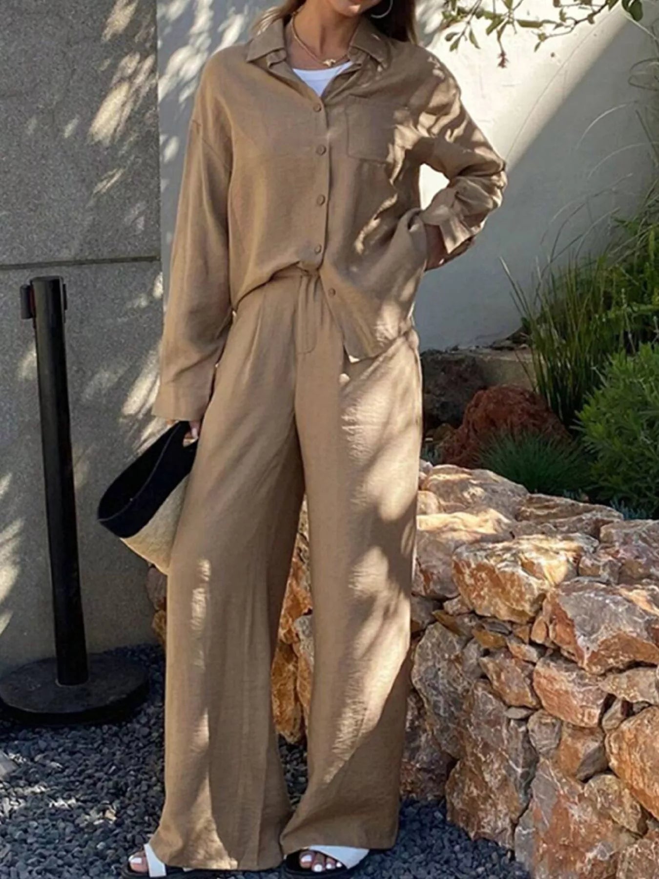Full Size Relaxed Fit Button Up Shirt and Pants Two-Piece Set Plus Size