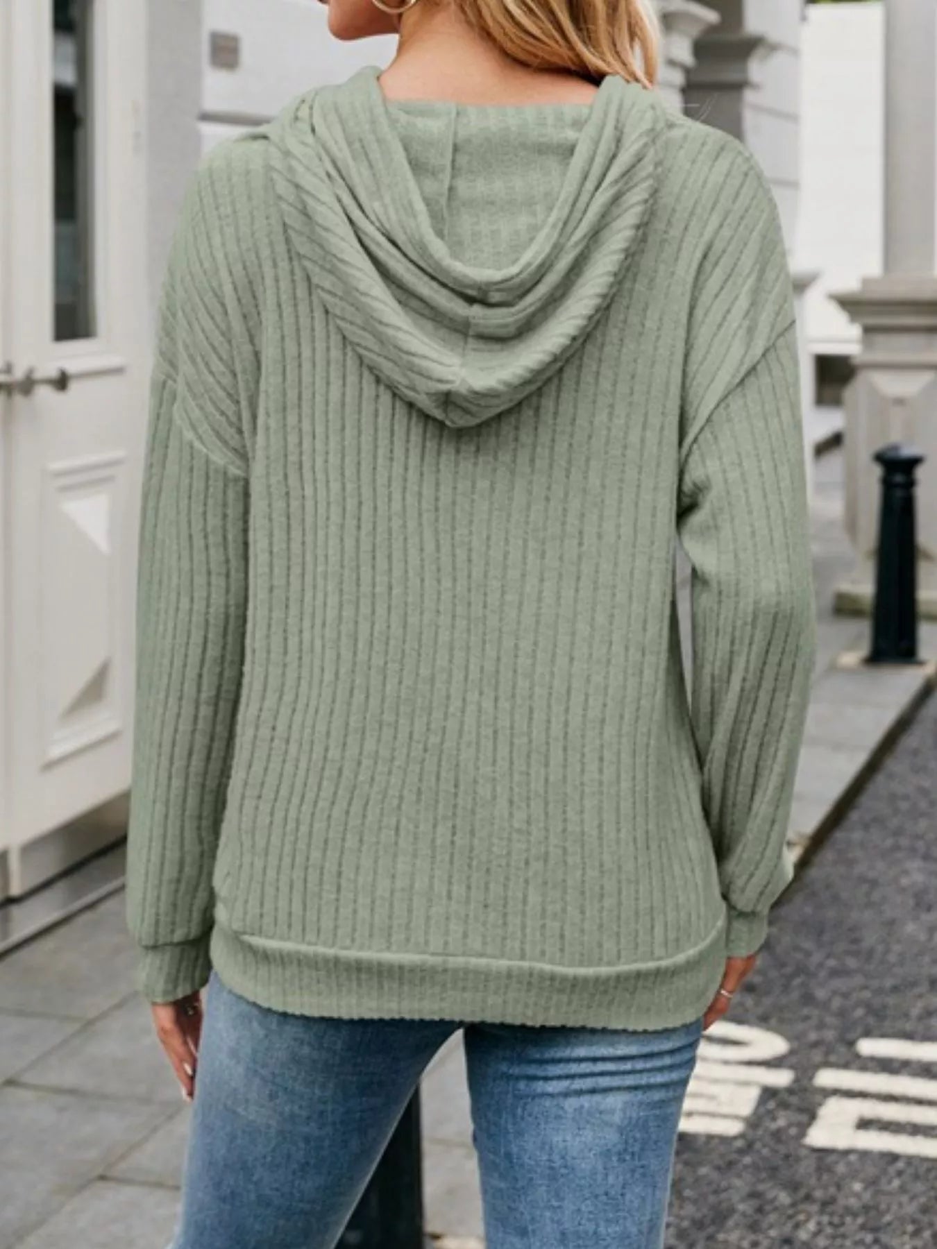 Casual Drawstring Ribbed Knit Hoodie