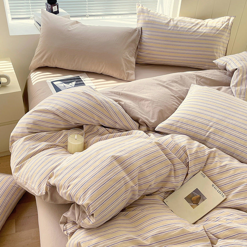 Cotton Dyed Washed Cotton Bedding Set Pure Cotton A Class Flat Sheet Quilt Cover Fitted Sheet Quilt Cover Three-Piece Set Striped