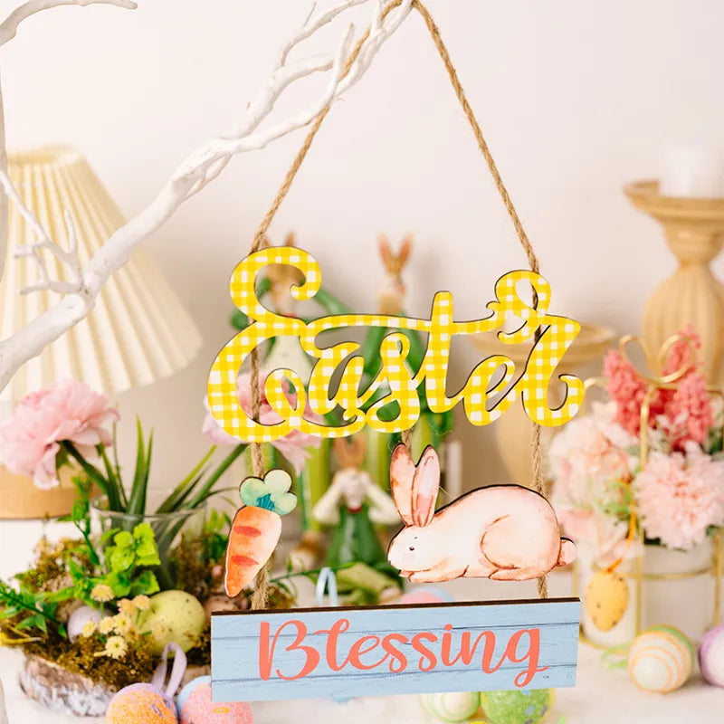 Easter decoration supplies Easter grid letter wooden pendant cartoon Easter egg rabbit pendant