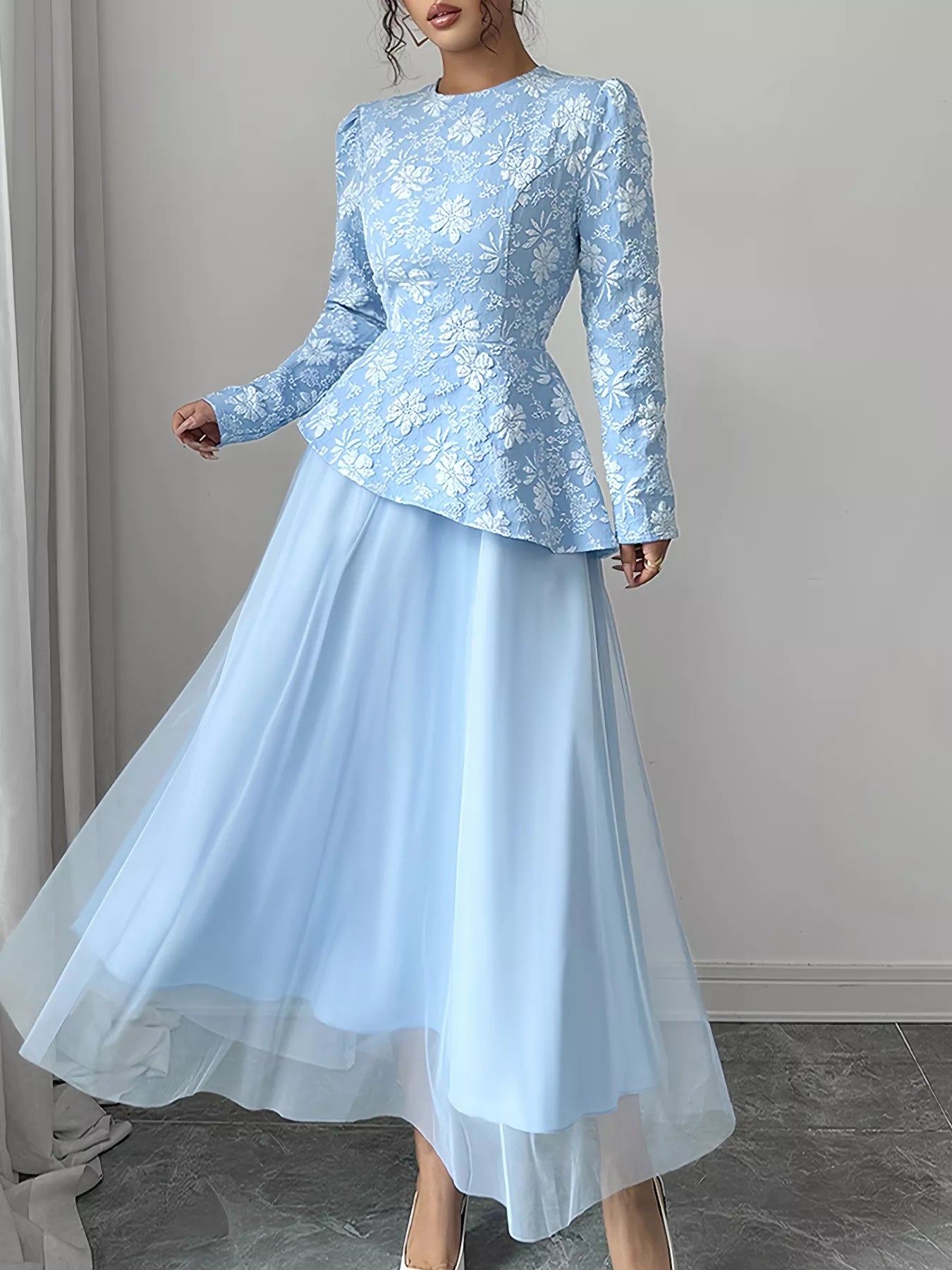 Floral Long Sleeve Tulle Dress