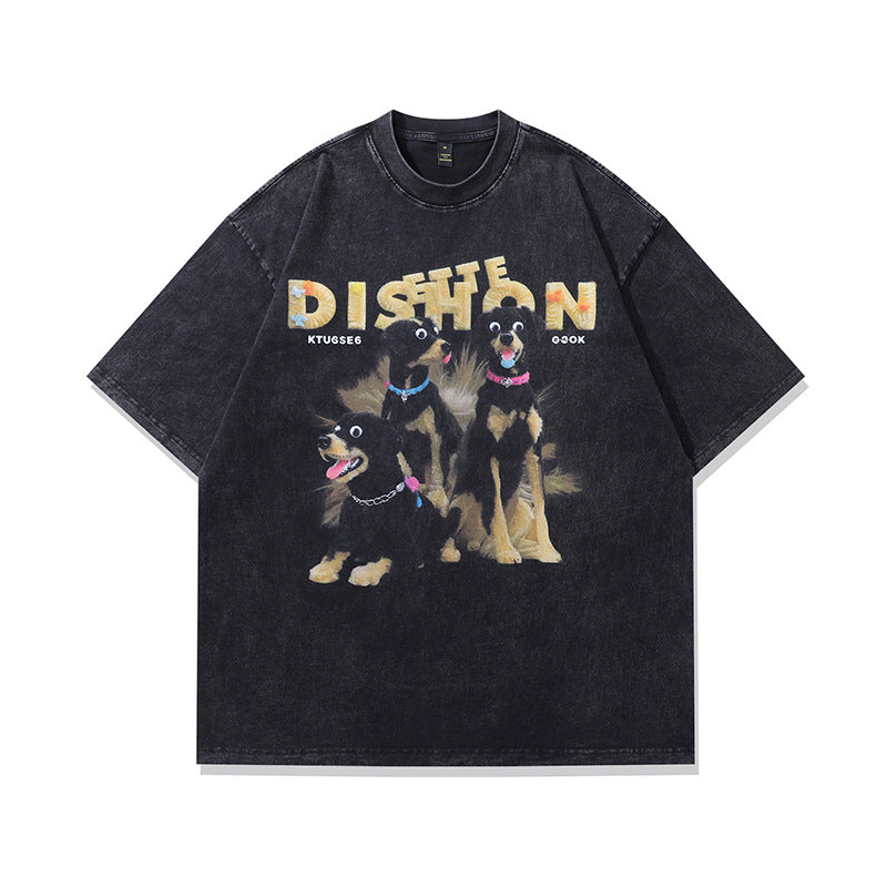 Vintage Dachshund Print Cotton Tee - Harajuku Style