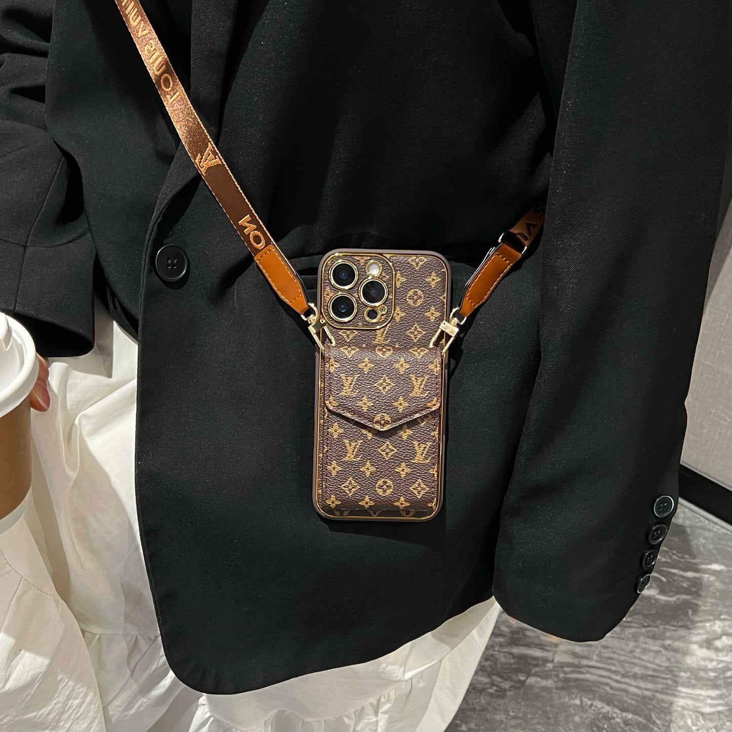Stylish LV Print Multifunctional iPhone Crossbody Case - with Chain Strap, Stand & Card Slots