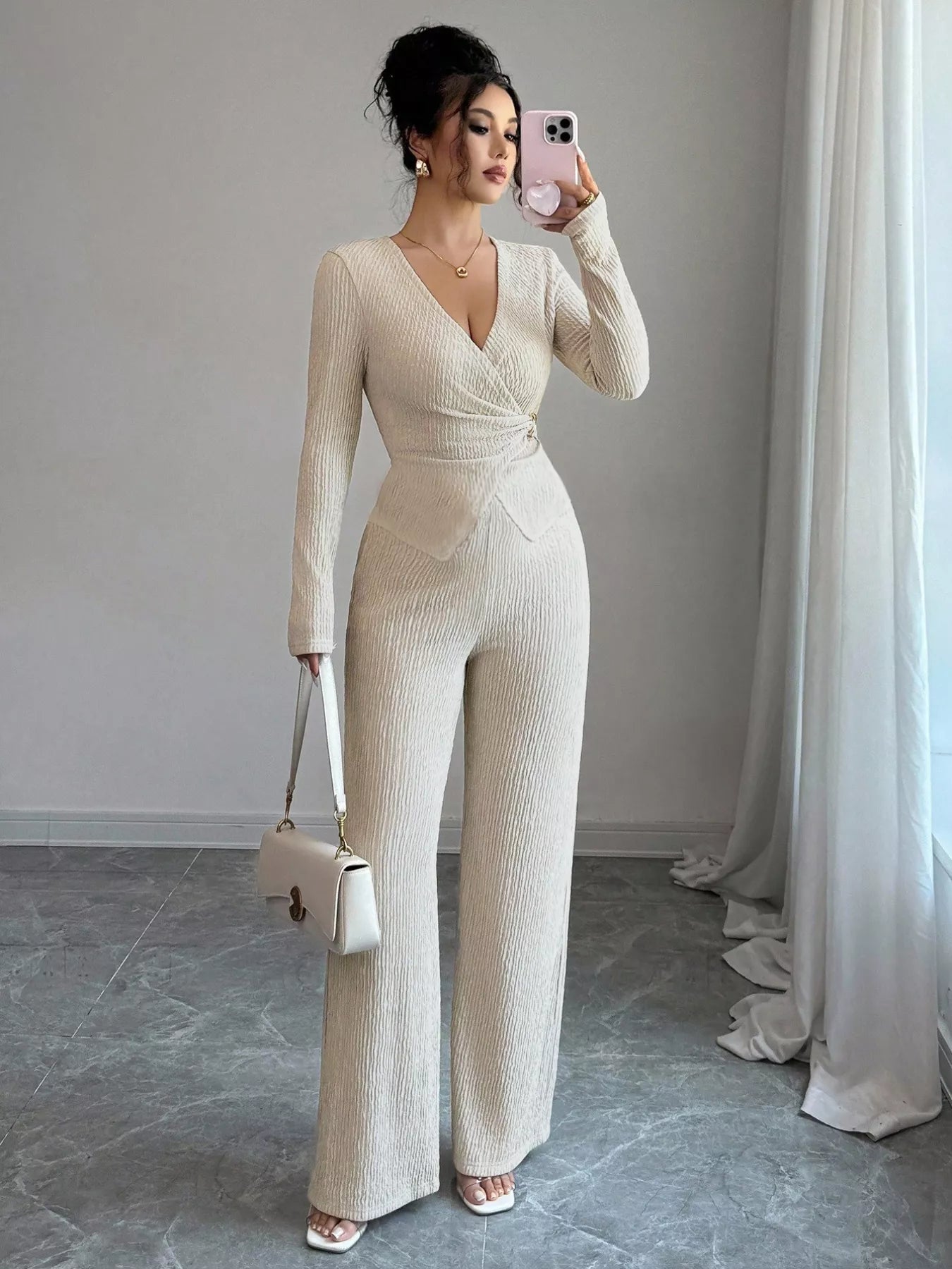 Metal Buckle Long Sleeve Top and Pants Set