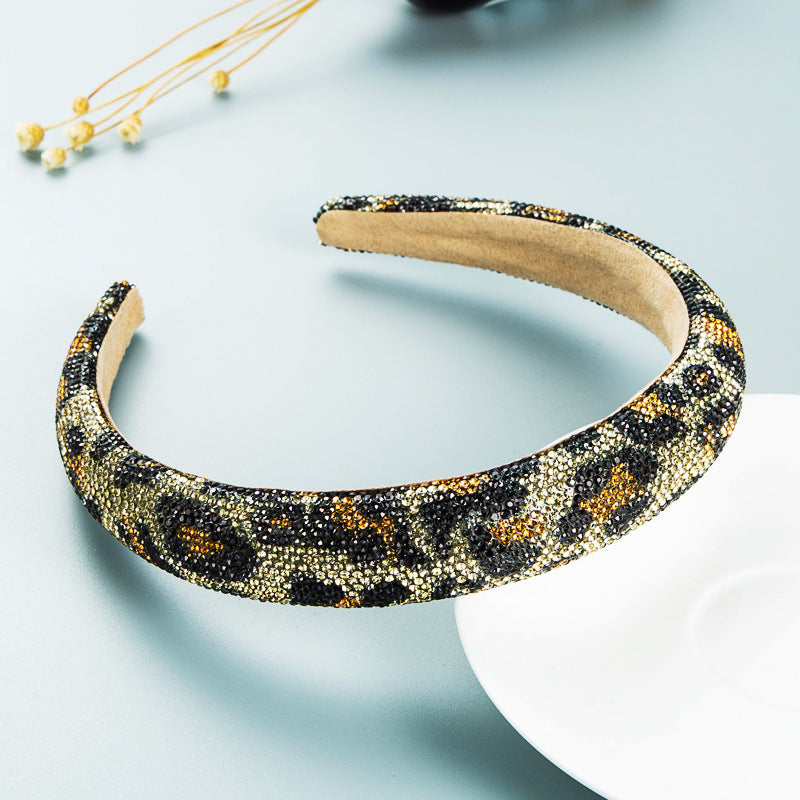 Hair Hoop Retro Baroque Starry Rhinestone Sponge Head Hoop Personality Wide-Brimmed Leopard Print Banquet Headwear Hairpin