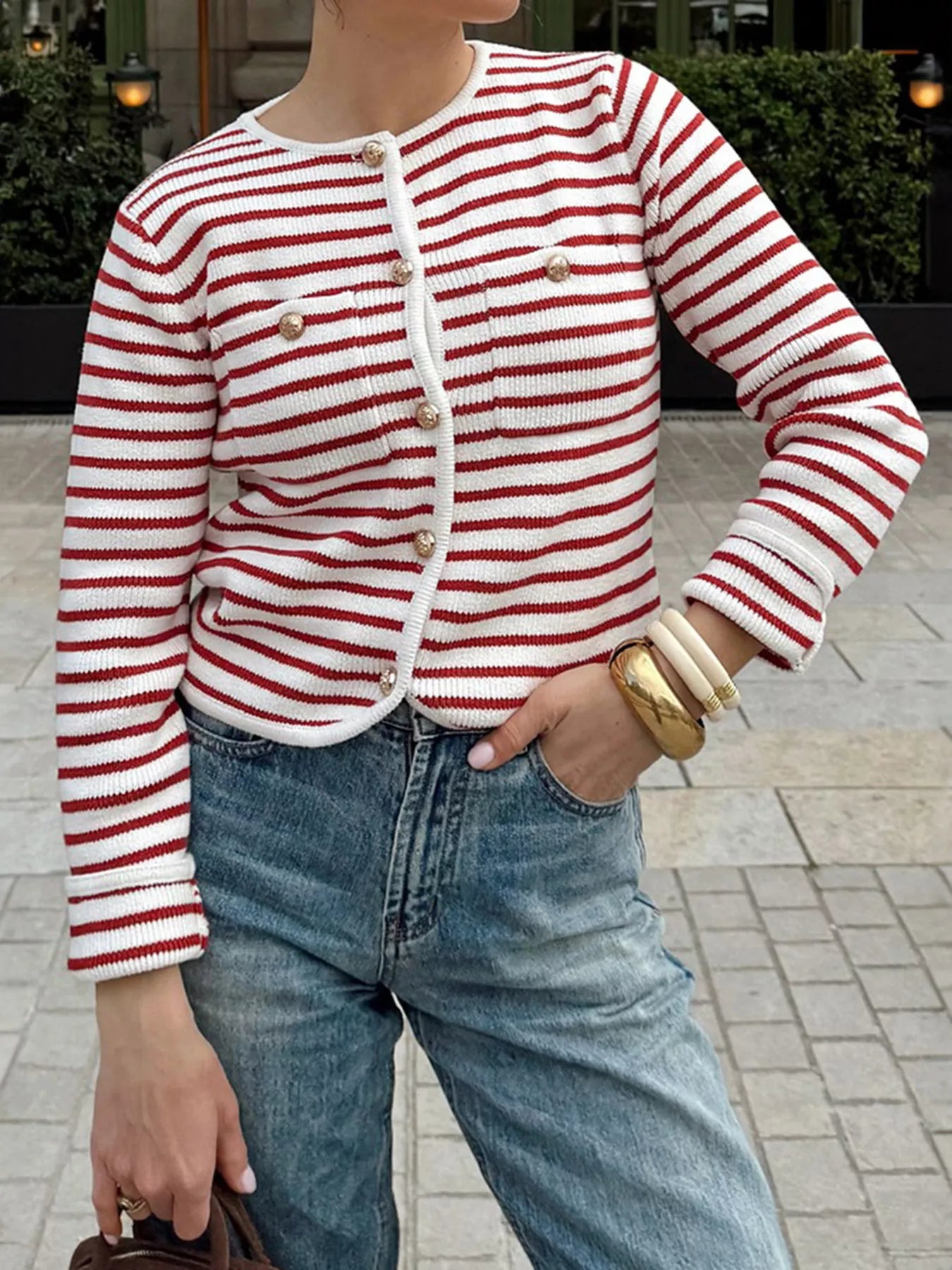 Striped Knit Button Up Cardigan