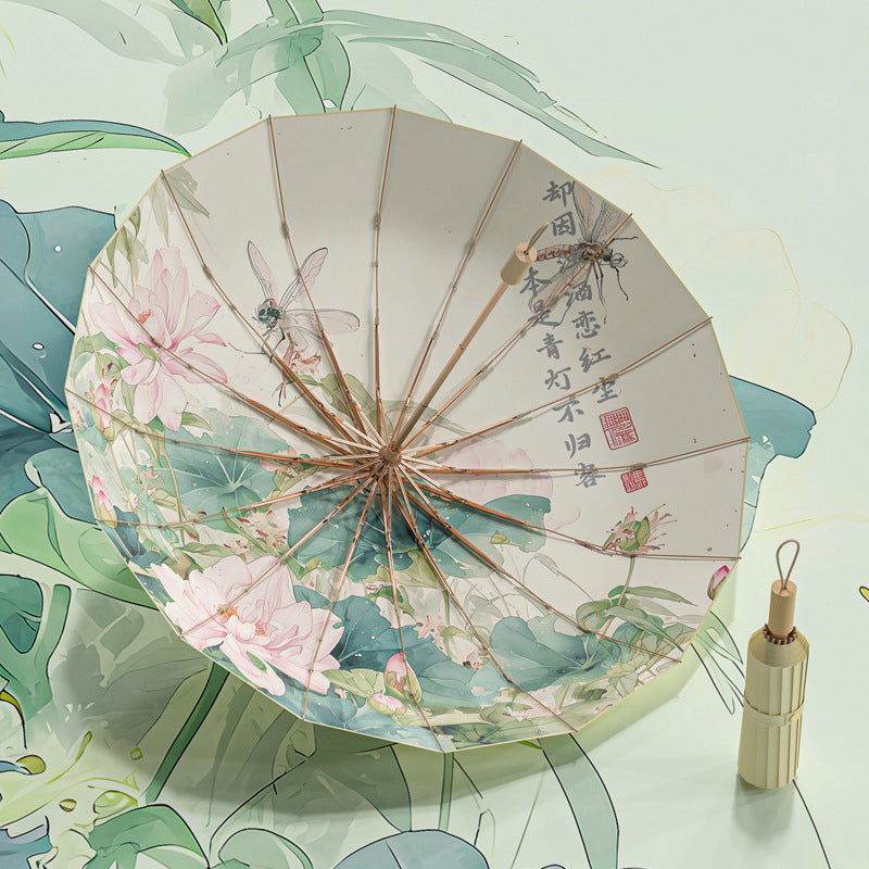 16-rib color rubber & gold aluminum alloy frame: new Chinese retro folding umbrella with sun protection and UV resistance.