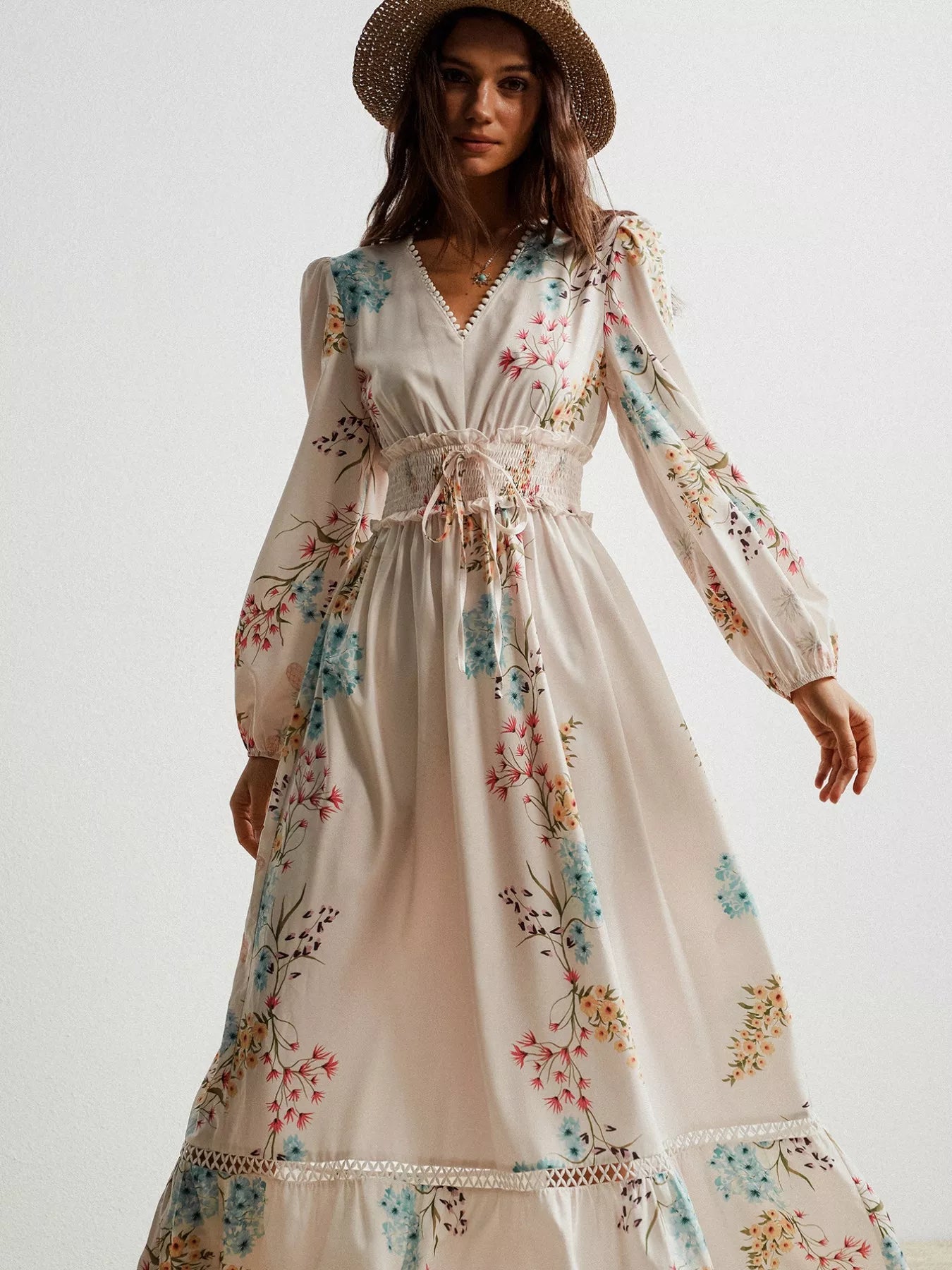 Floral Print Long Sleeve Maxi Dress with Smocked Waist