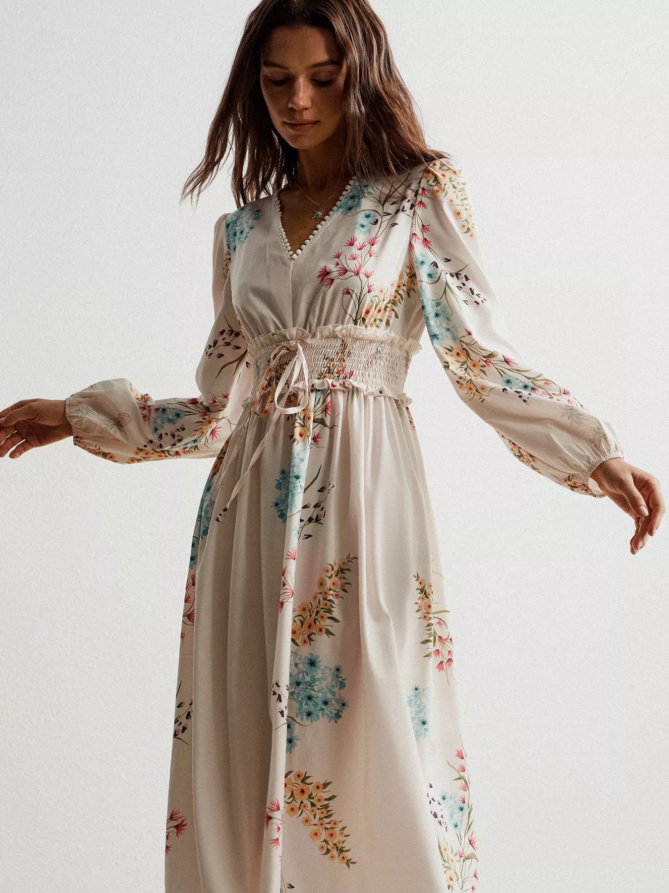 Floral Print Long Sleeve Maxi Dress with Smocked Waist