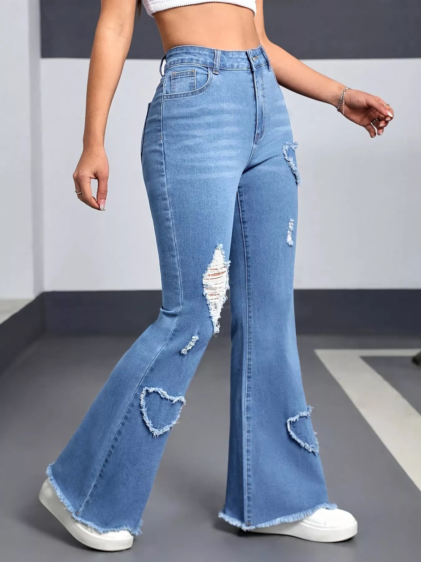 Heart Distressed Flare Jeans