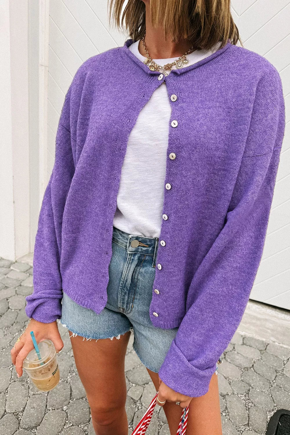 Round Neck Button-Down Knit Cardigan