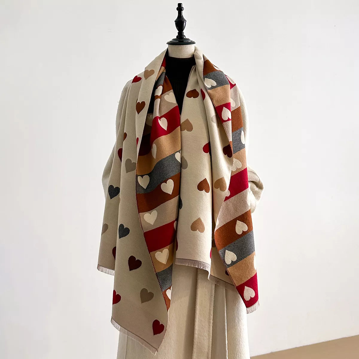 Heart Pattern Fringe Winter Scarf