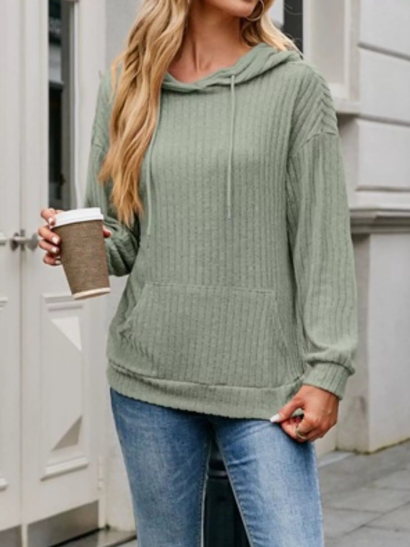 Casual Drawstring Ribbed Knit Hoodie