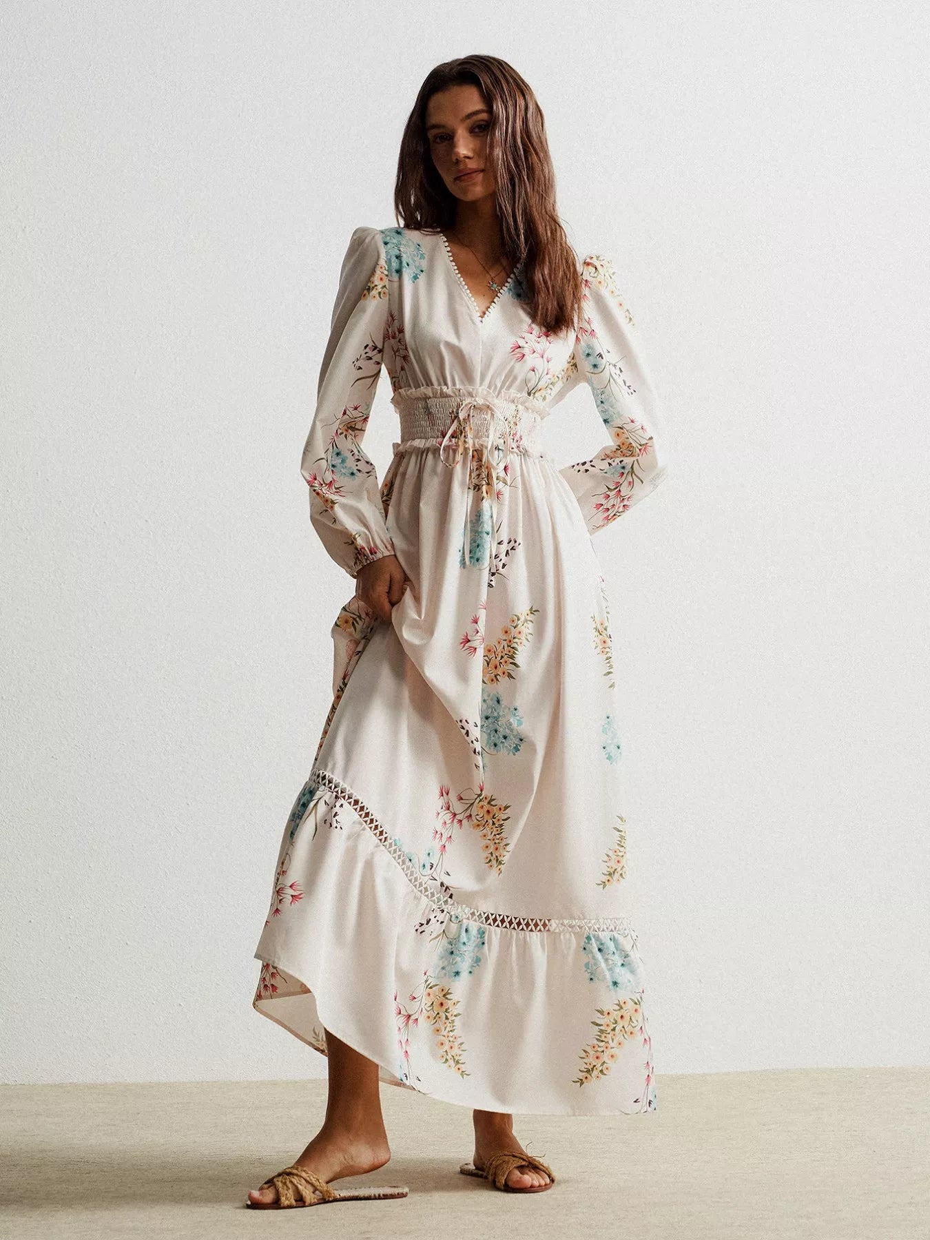 Floral Print Long Sleeve Maxi Dress with Smocked Waist