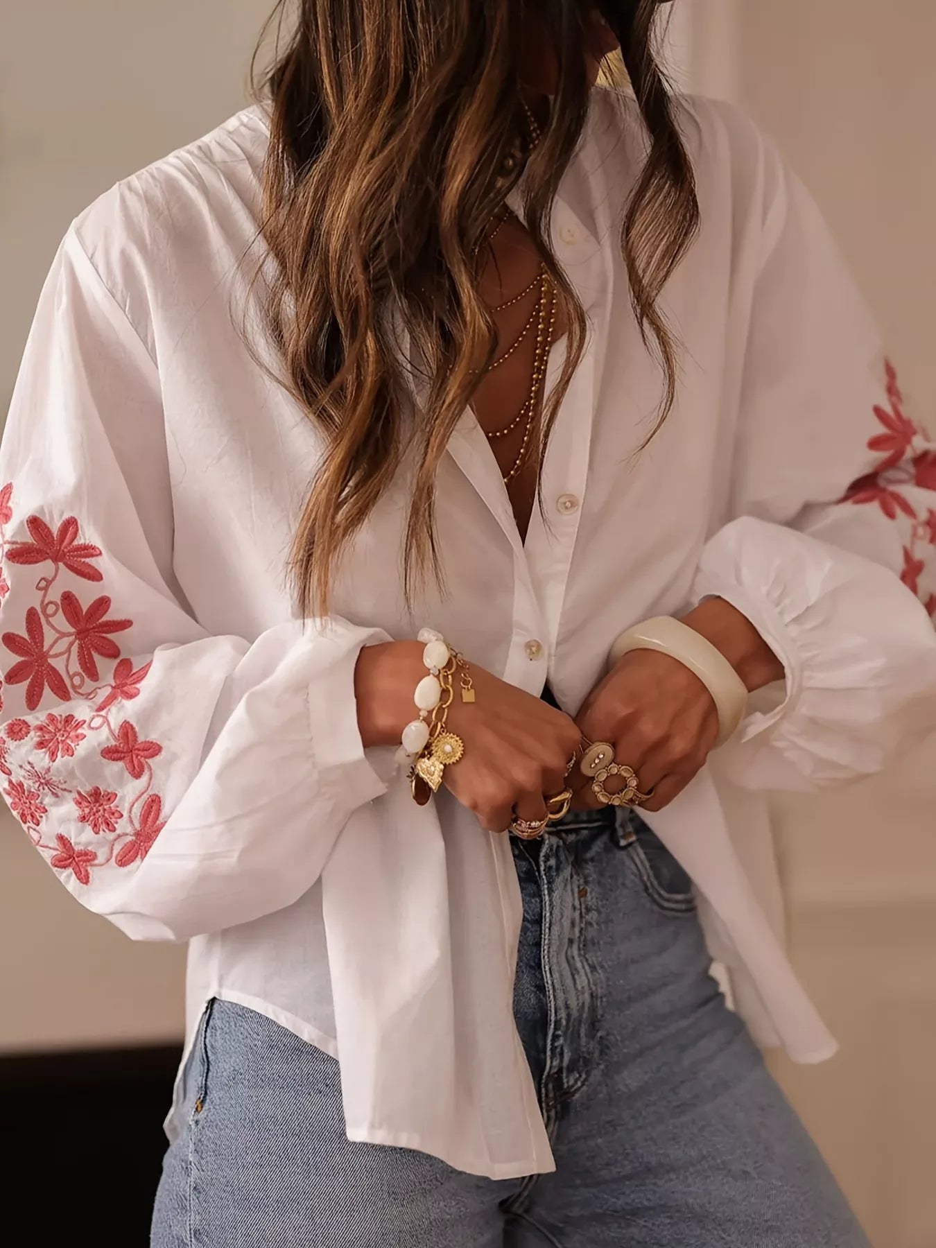 Embroidered Button Up Long Sleeve Shirt