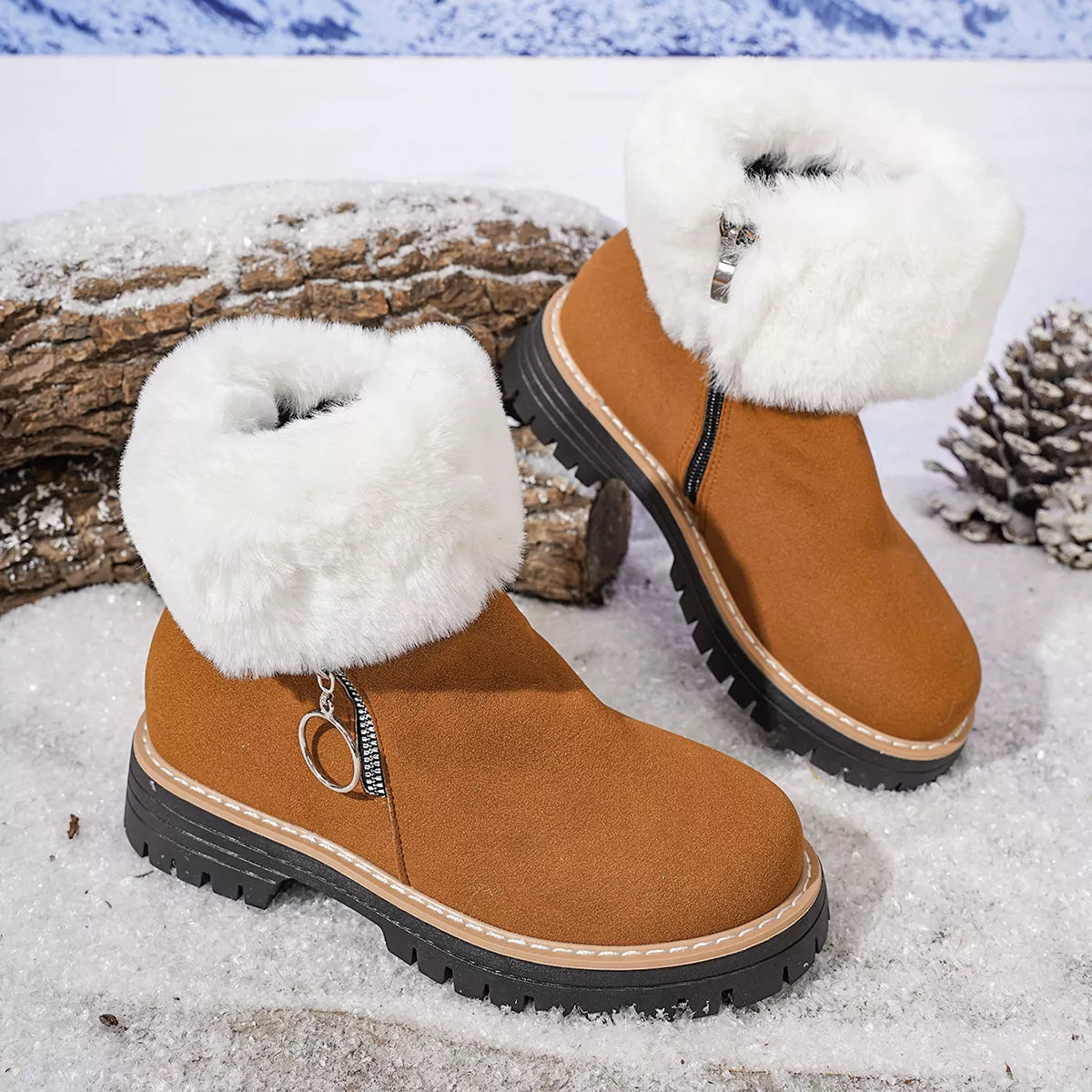 Fuzzy Ankle Boots with Zipper Detail
