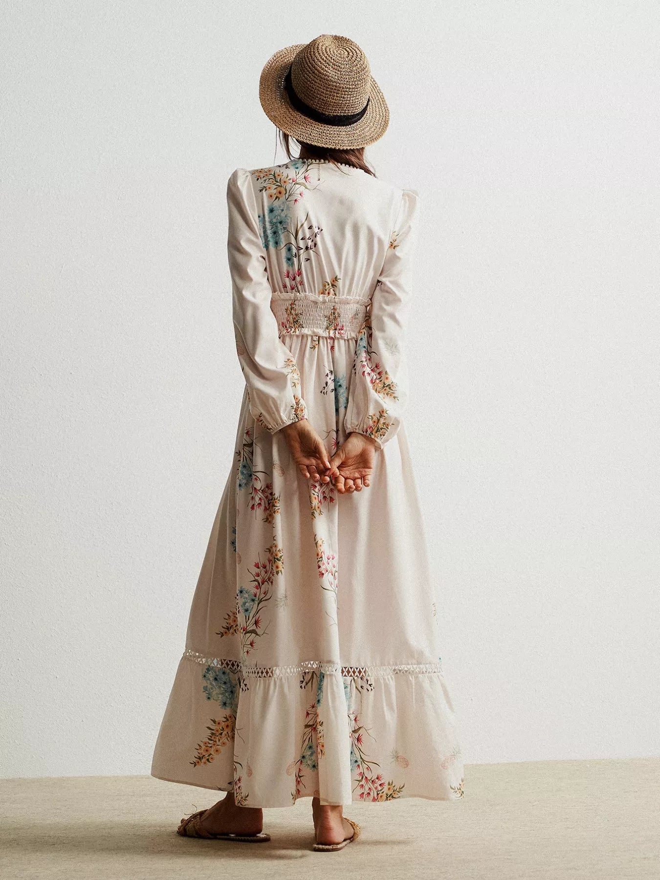 Floral Print Long Sleeve Maxi Dress with Smocked Waist