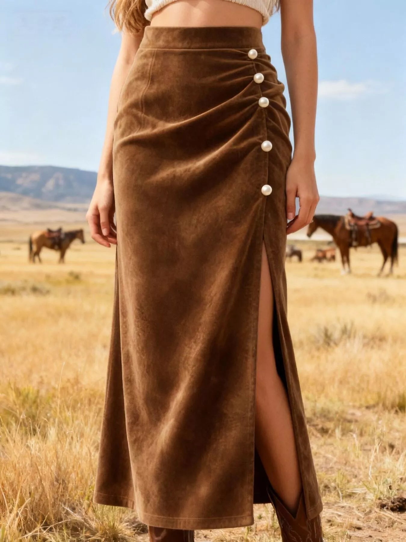 Pearl Slit Velvet Skirt