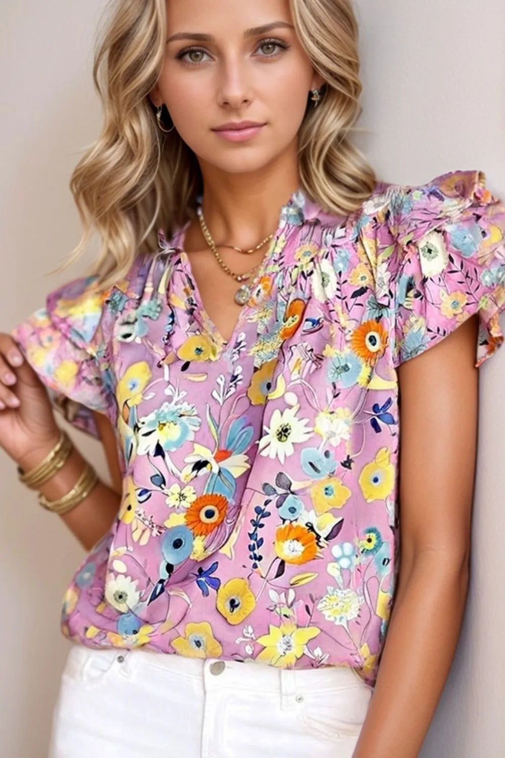 Printed Notched Double Layered Ruffle Sleeve Blouse