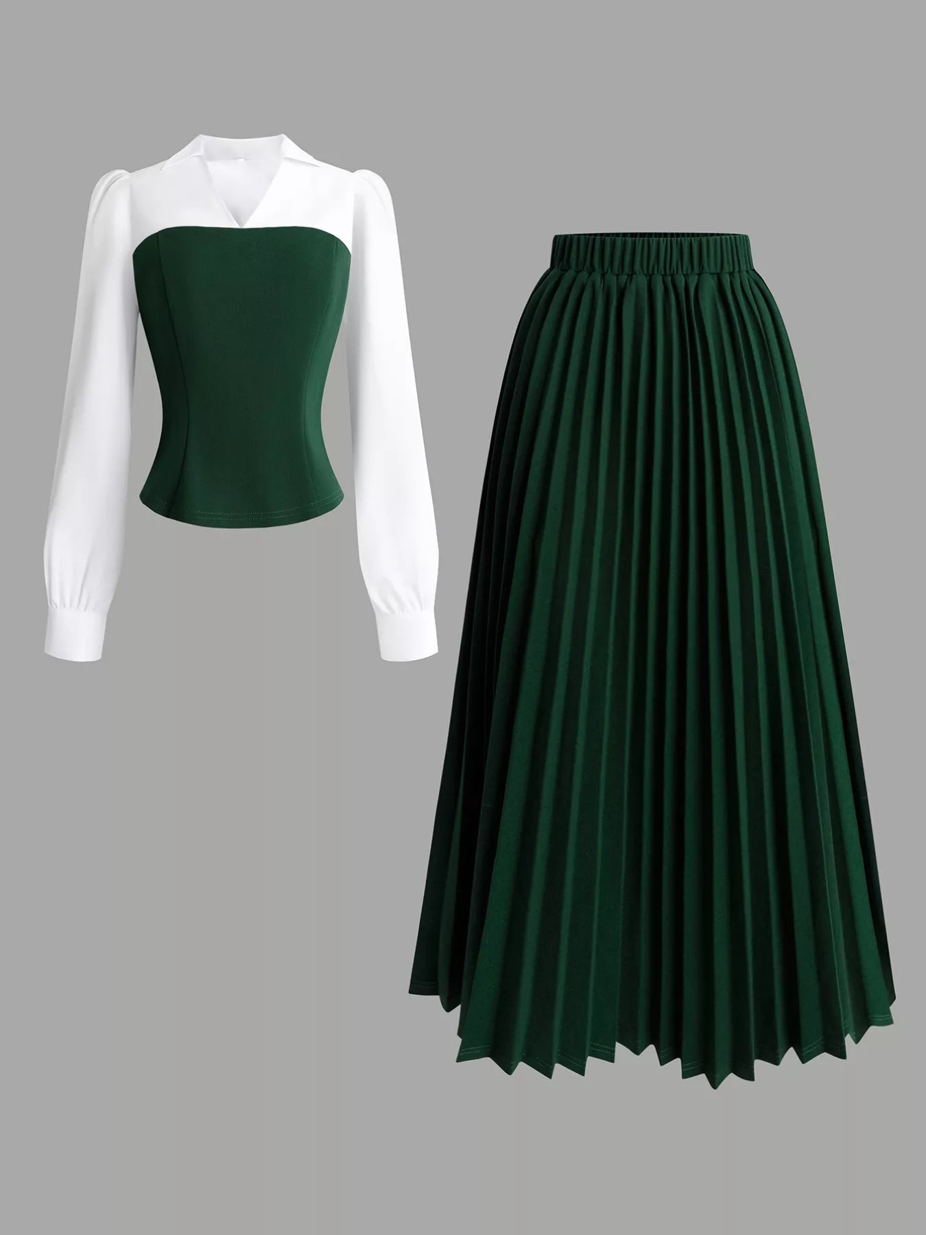 Two Tone Long Sleeve Top and Pleated Skirt Set