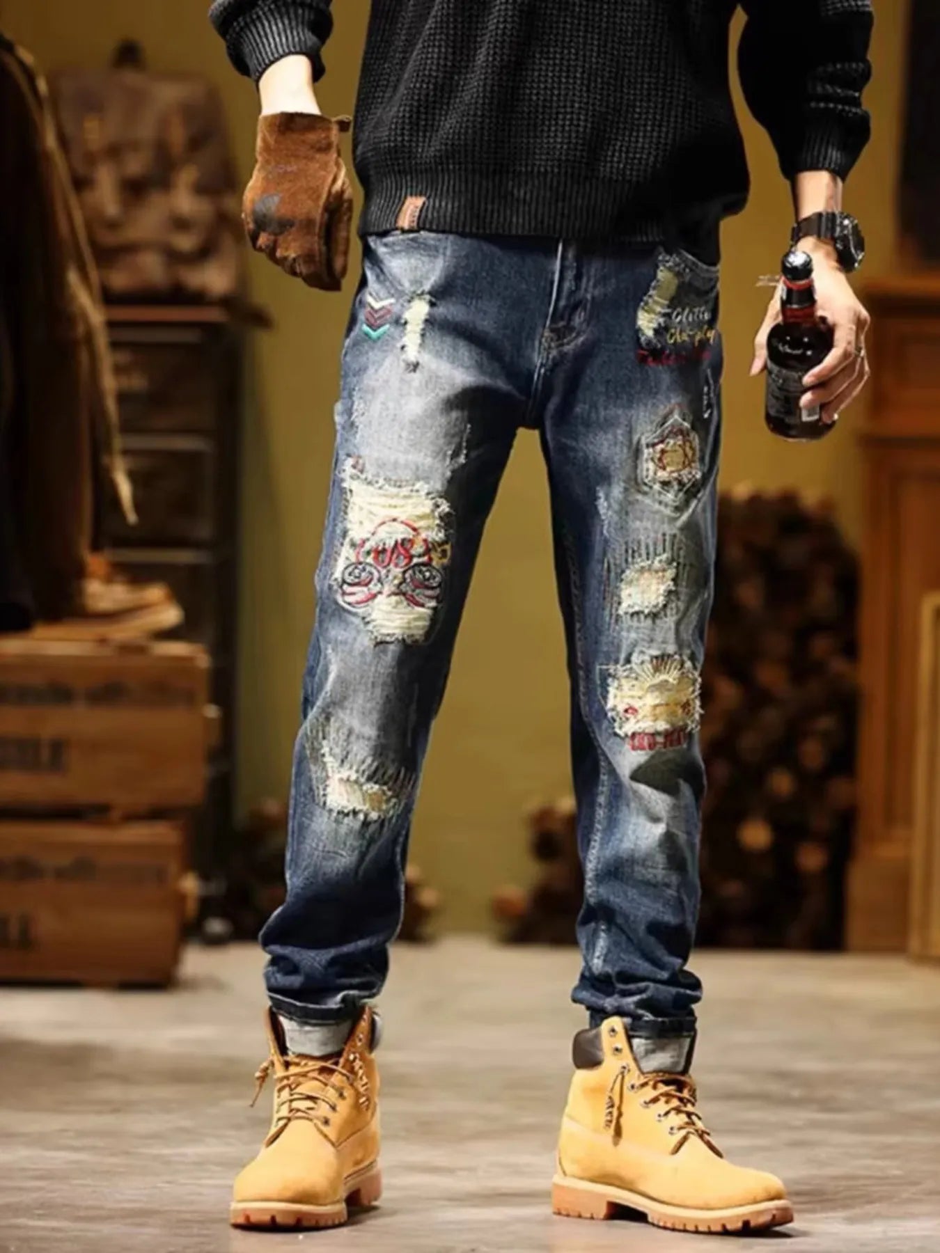 Men's Full Size Distressed Wash Slim Fit Jeans Plus Size