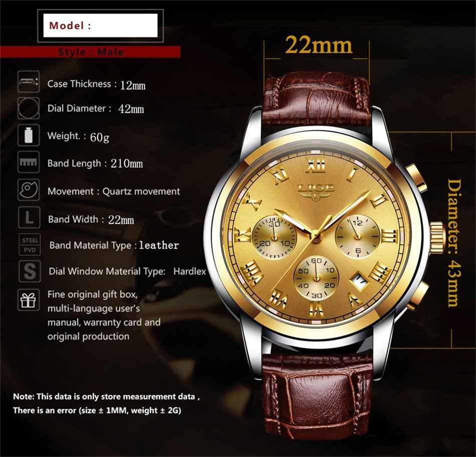 Men's Leather Sports Watch - Waterproof 30M, Alloy Case