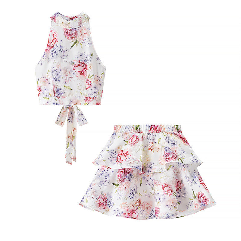 Fashionable and Sexy Halter Sleeveless Top with Floral Print Skirt