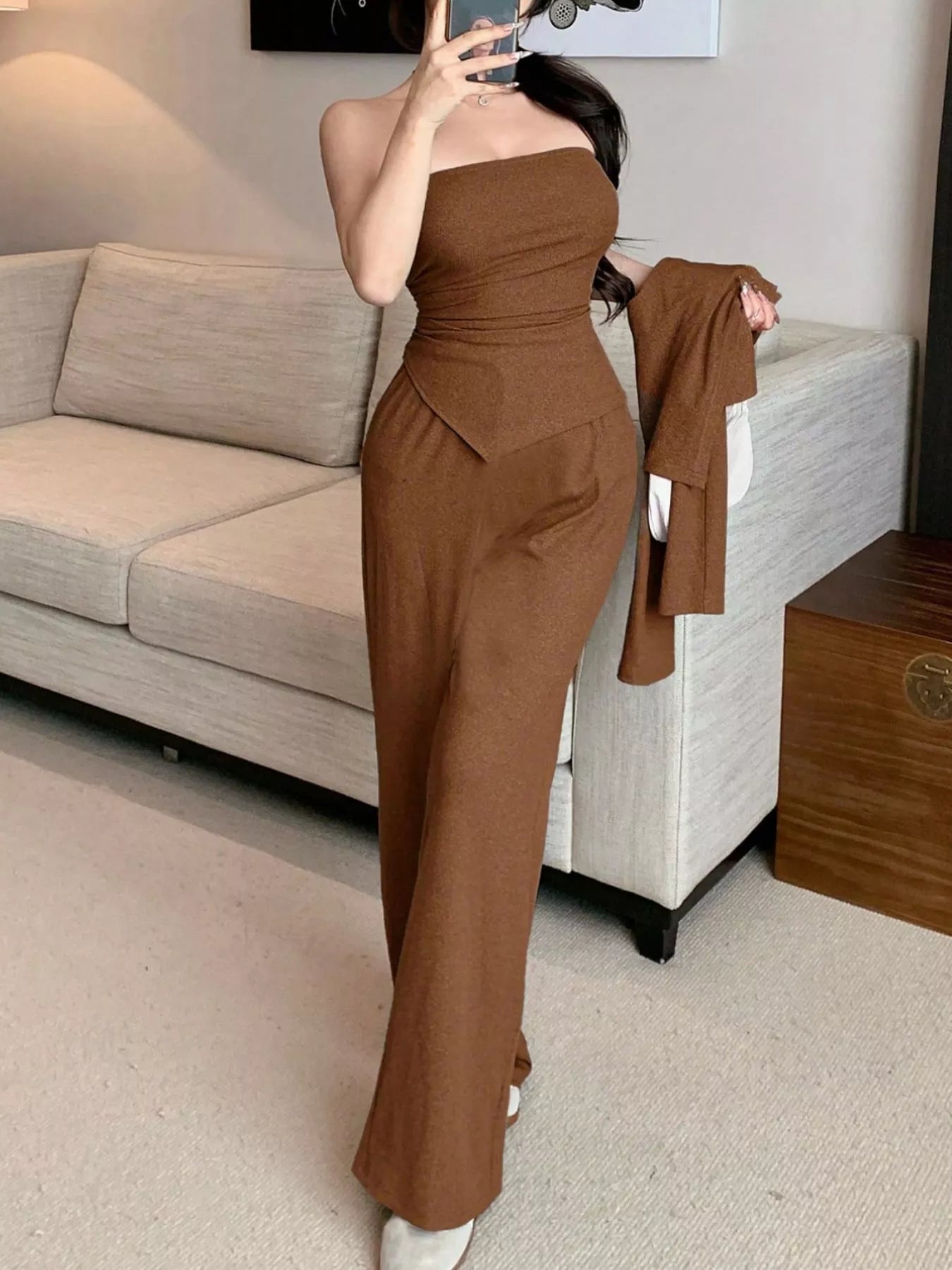 Tube Top & Cardigan and Wide-Leg Pants Set
