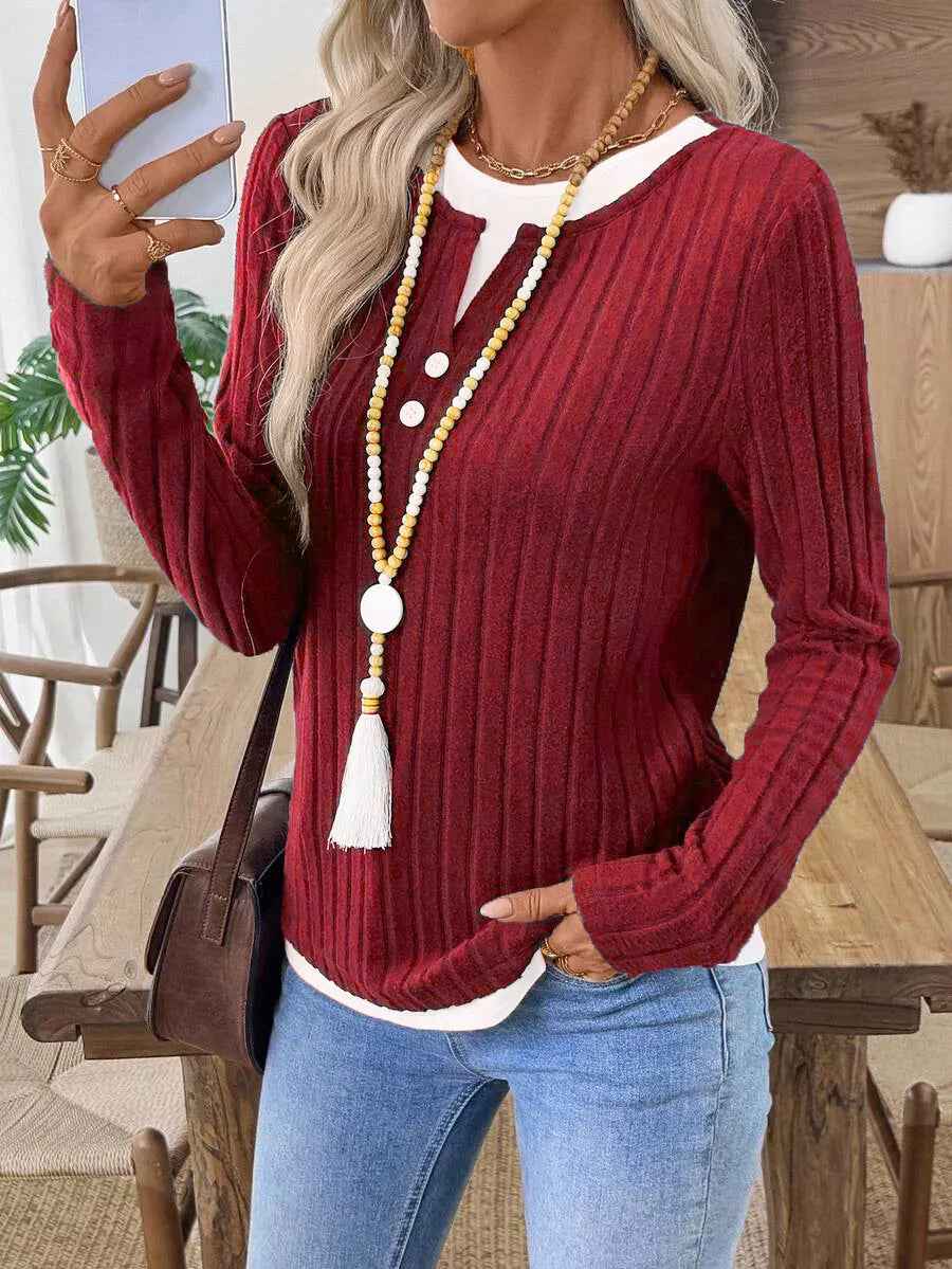 Ribbed Knit Long Sleeve Henley T-Shirt