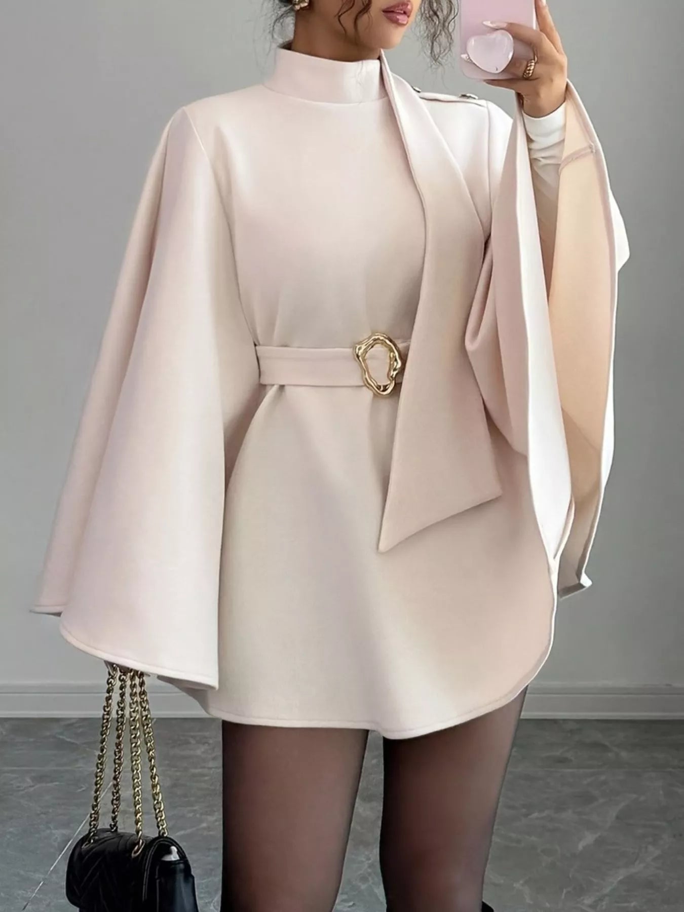 Mock Neck Batwing Sleeve Cape Outerwear