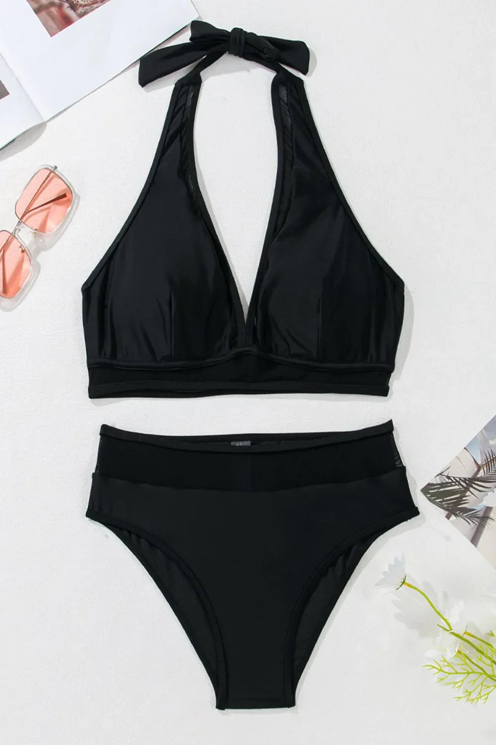 Sheer Mesh Edged Halter V Neck Push Up Bikini Set