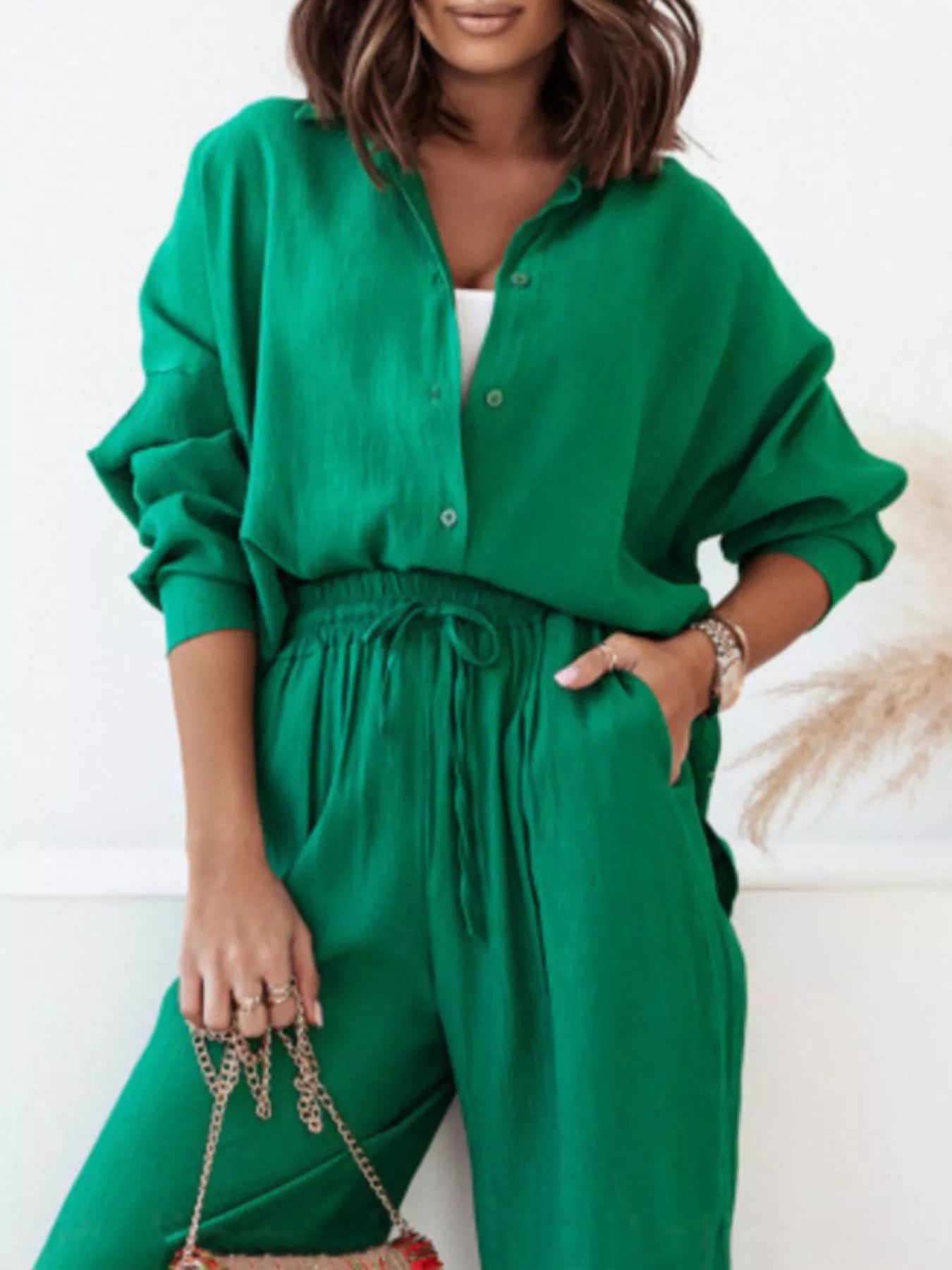 Full Size Button Up Shirt and Pants Set Plus Size