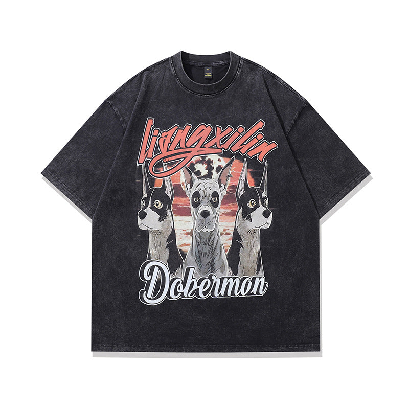 Vintage Dachshund Print Cotton Tee - Harajuku Style