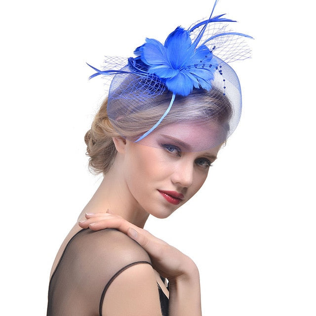 WELROG Feather Cap Lady Cocktail Dinner Party Fedoras Wedding Bridal Mesh Veil Hats Vintage Sombreros Chapeau Fascinators Hat