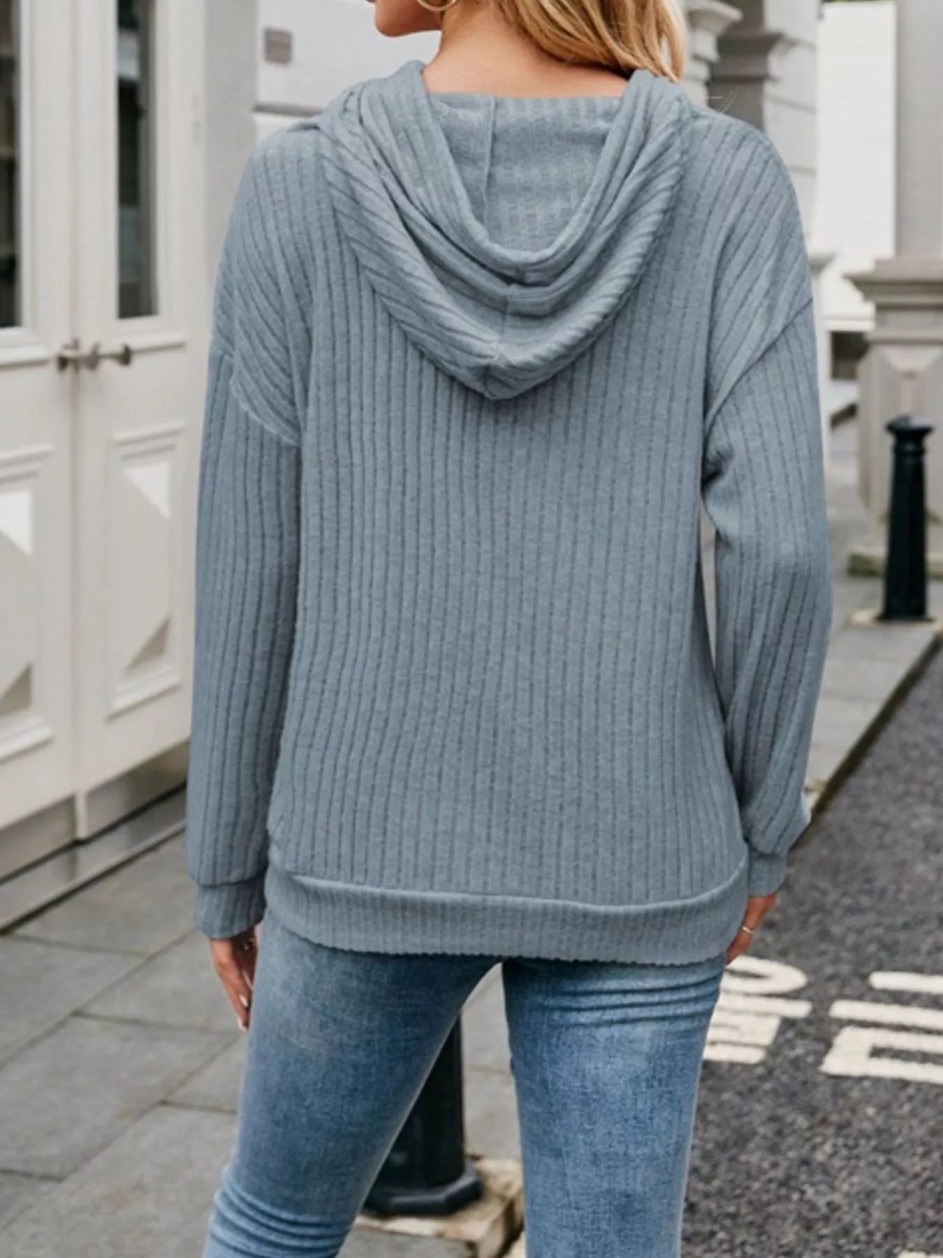Casual Drawstring Ribbed Knit Hoodie
