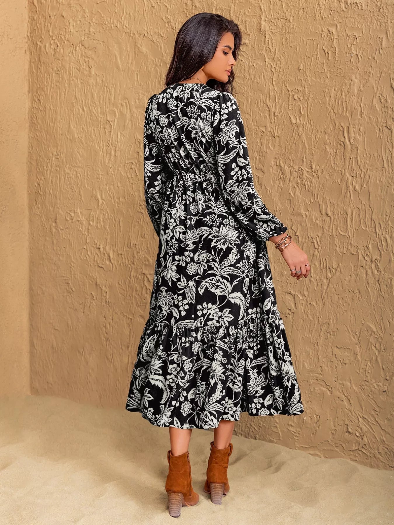 Floral Print V-Neck Long Sleeve Ruffle Hem Midi Dress