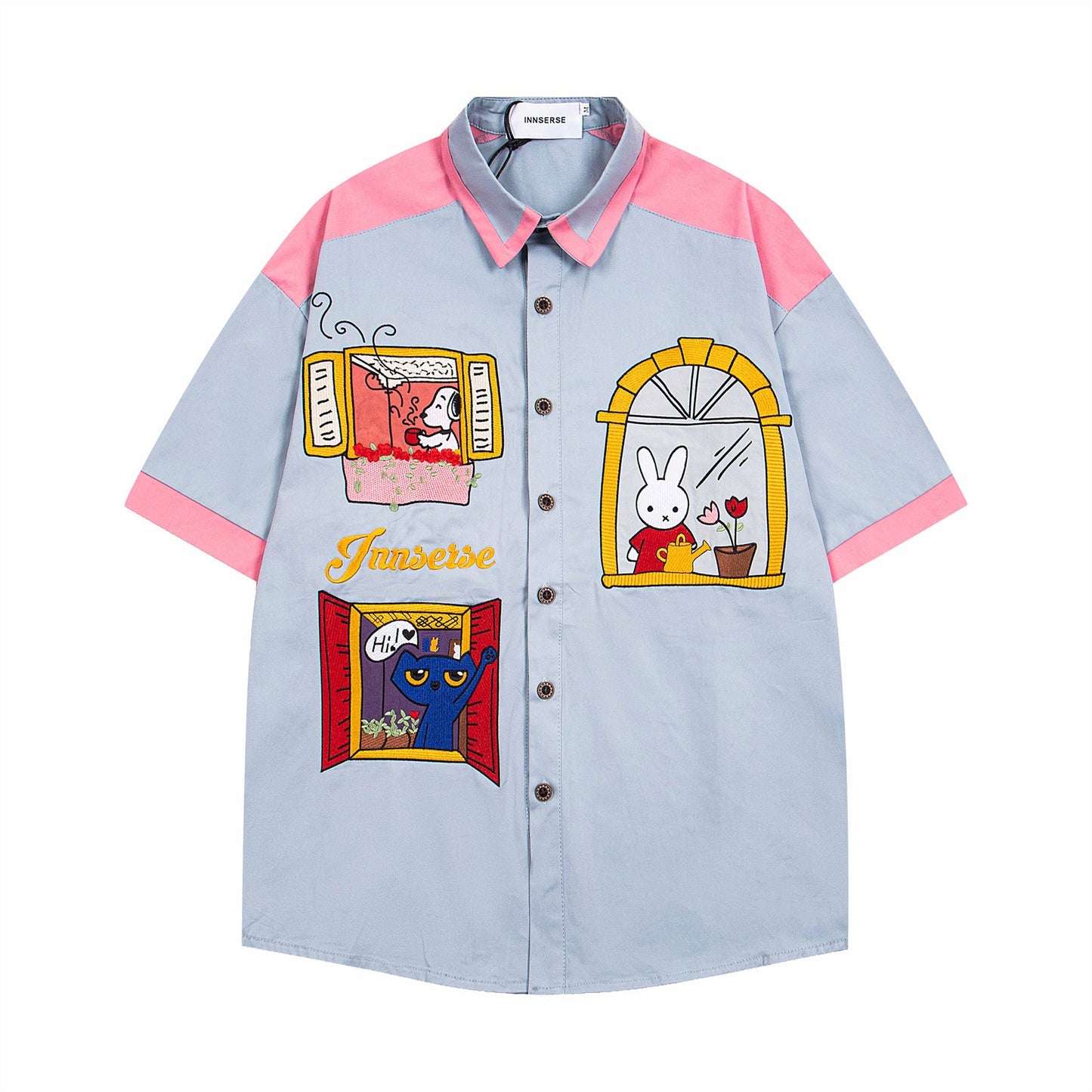 Retro Cartoon Embroidery Short Sleeve Shirt - Harajuku Style