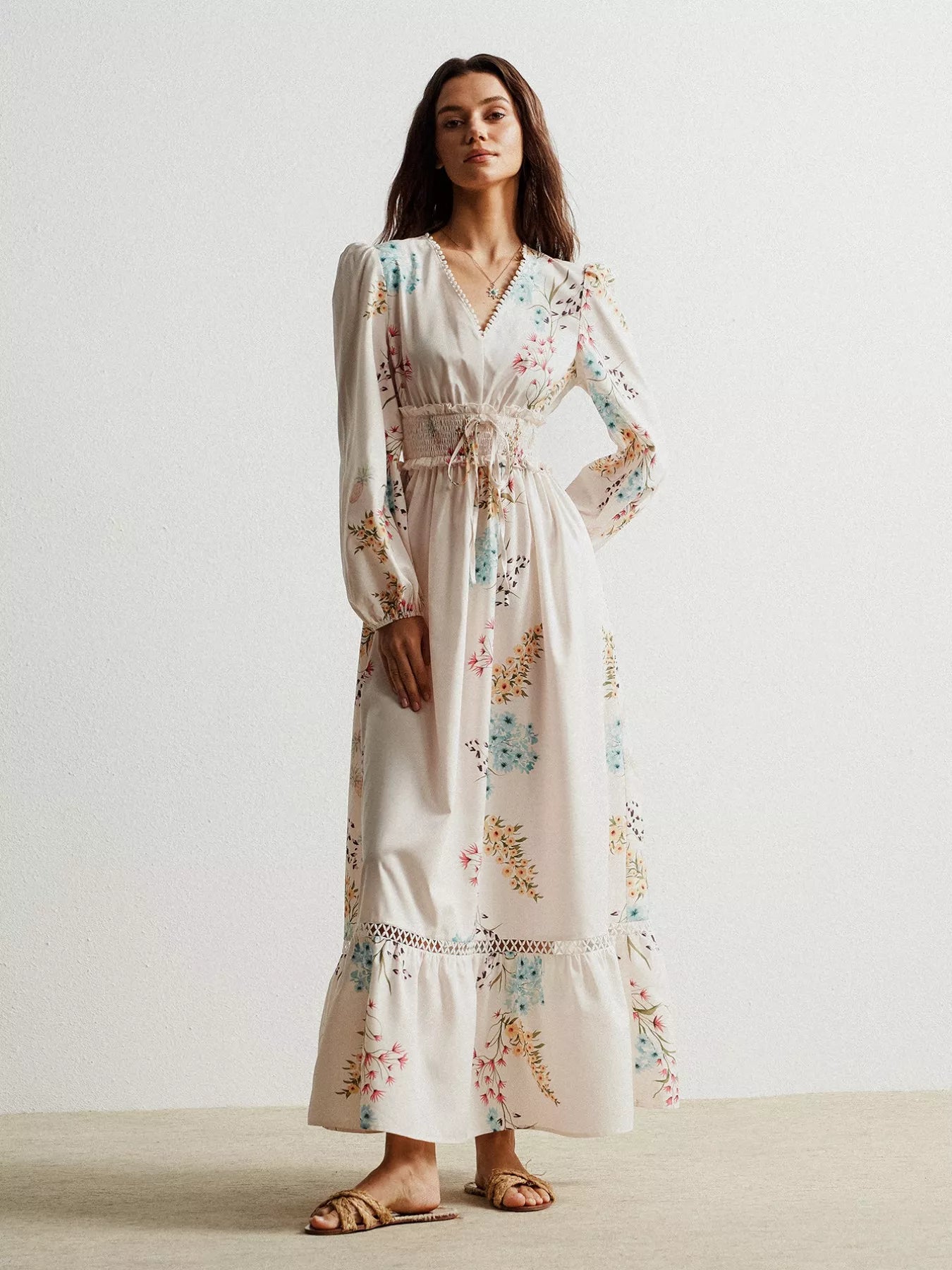 Floral Print Long Sleeve Maxi Dress with Smocked Waist